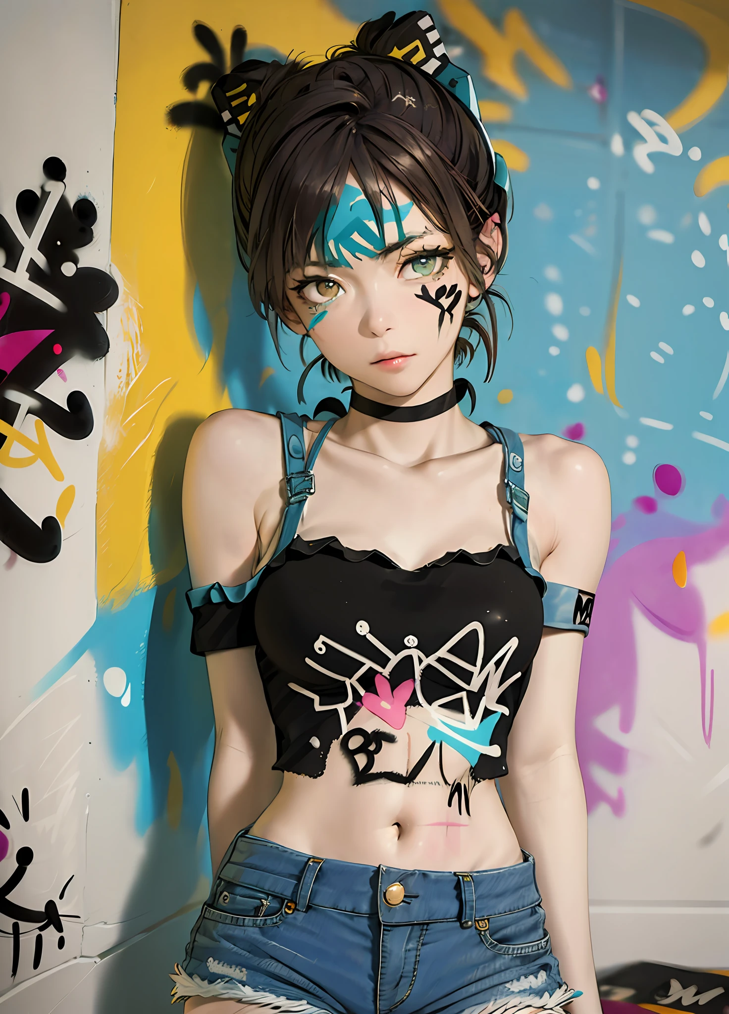 masterpiece, best quality, 1girl, solo, crop top, denim shorts, choker, (graffiti:1.5), paint splatter, arms behind back, against wall, looking at viewer, armband, thigh strap, paint on body, head tilt, bored, multicolored hair, aqua eyes, headset,