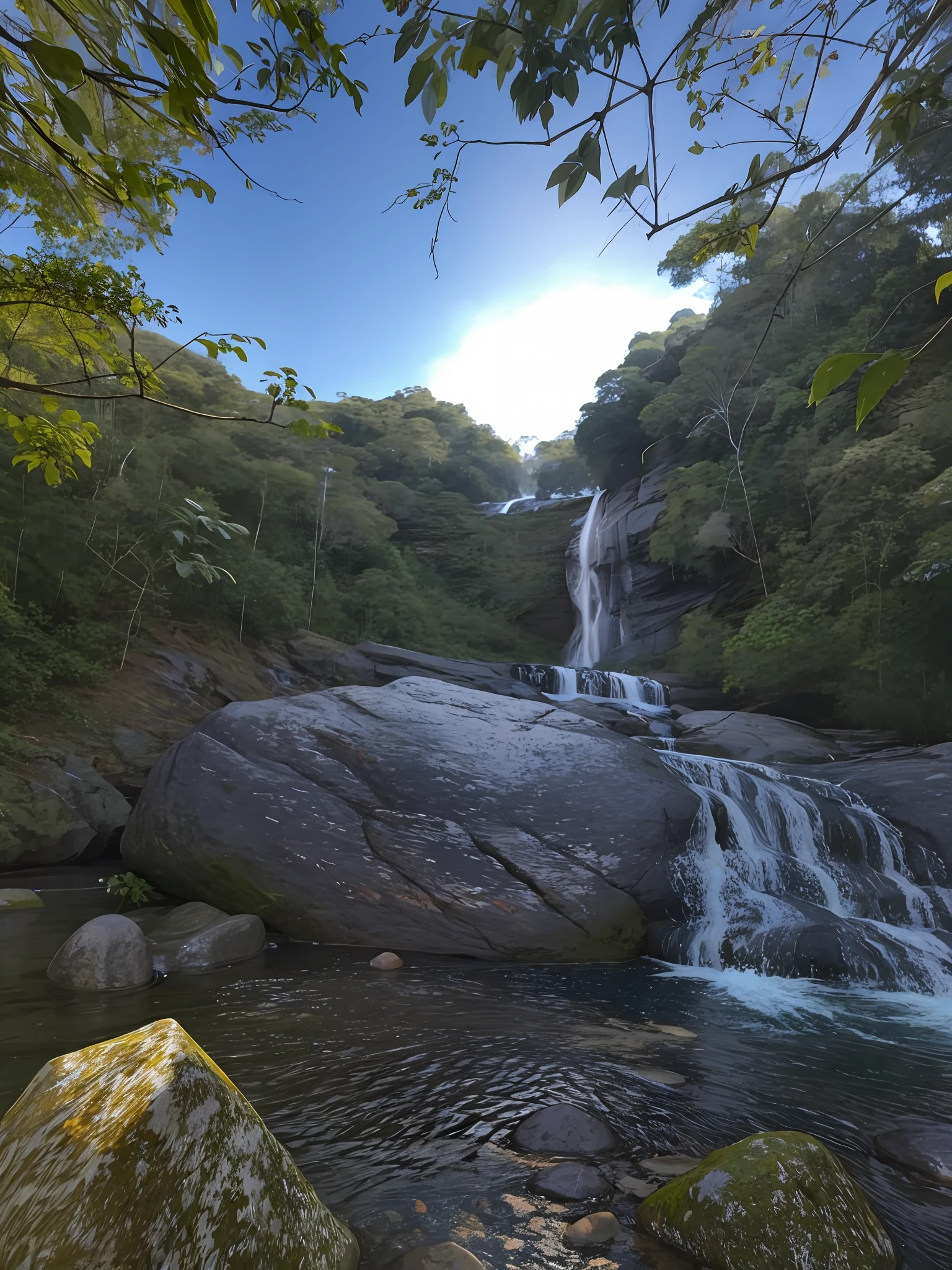 there is a waterfall that is flowing down a hill in the forest, with trees and waterfalls, cachoeira abaixo, com cachoeiras e rio, cachoeira no fundo, com cachoeiras, cachoeiras ao fundo, um rio que corre com cachoeira, cachoeira ao fundo, cachoeiras e lagos, cachoeiras altas, waterfall, amazon jungle, water fall, Floresta e Cachoeira, (waterfall), waterfalls