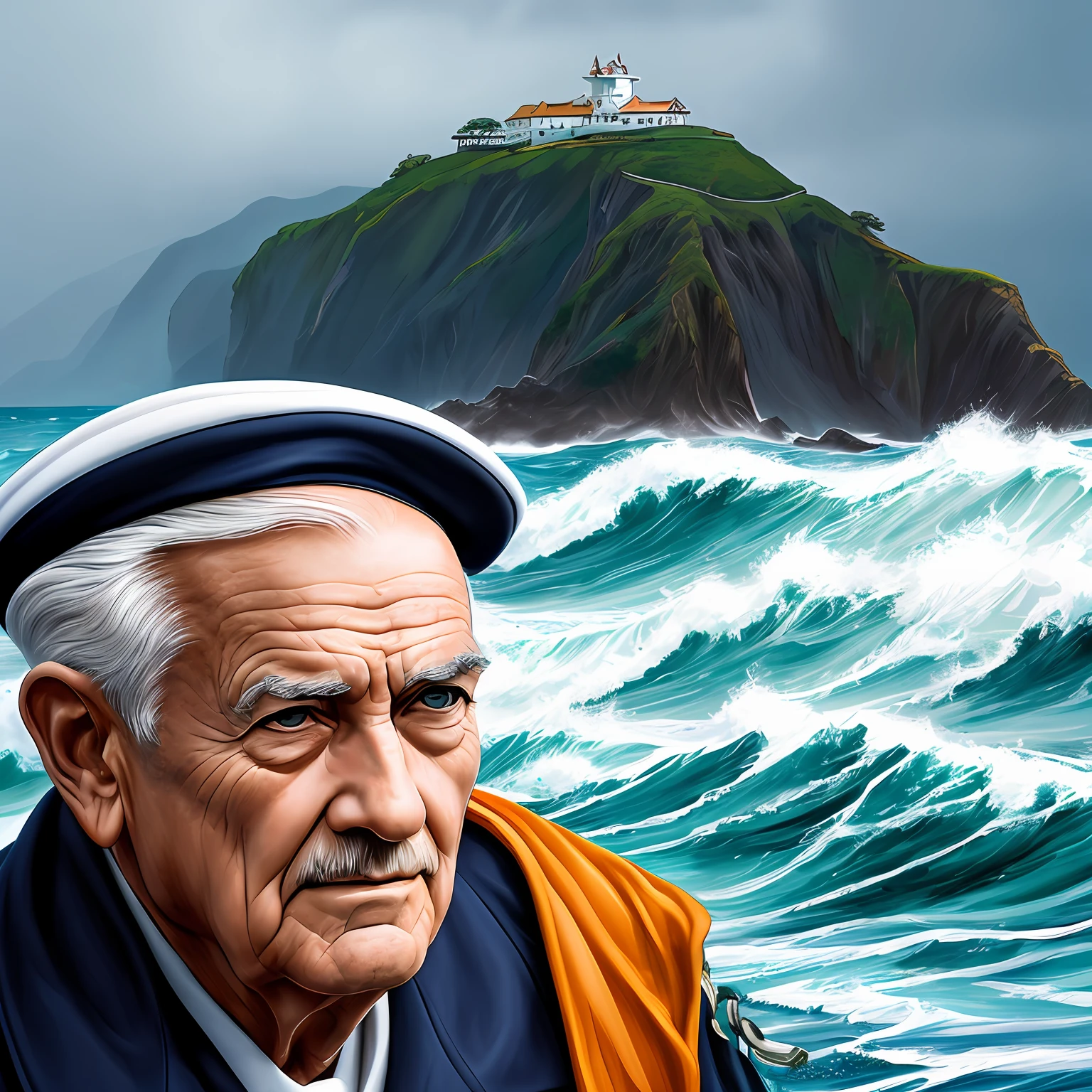 Award-winning portrait photo of an older gray sailor in uniform, with wrinkles on face, ocean, waves, mountain cliff with crashing waves, stormy, sinister, evil, (backlighting: 1.3), digital painting, concept art, smooth, sharp focus, rule of thirds, dark fantasy, intricate details, mid-plane --auto