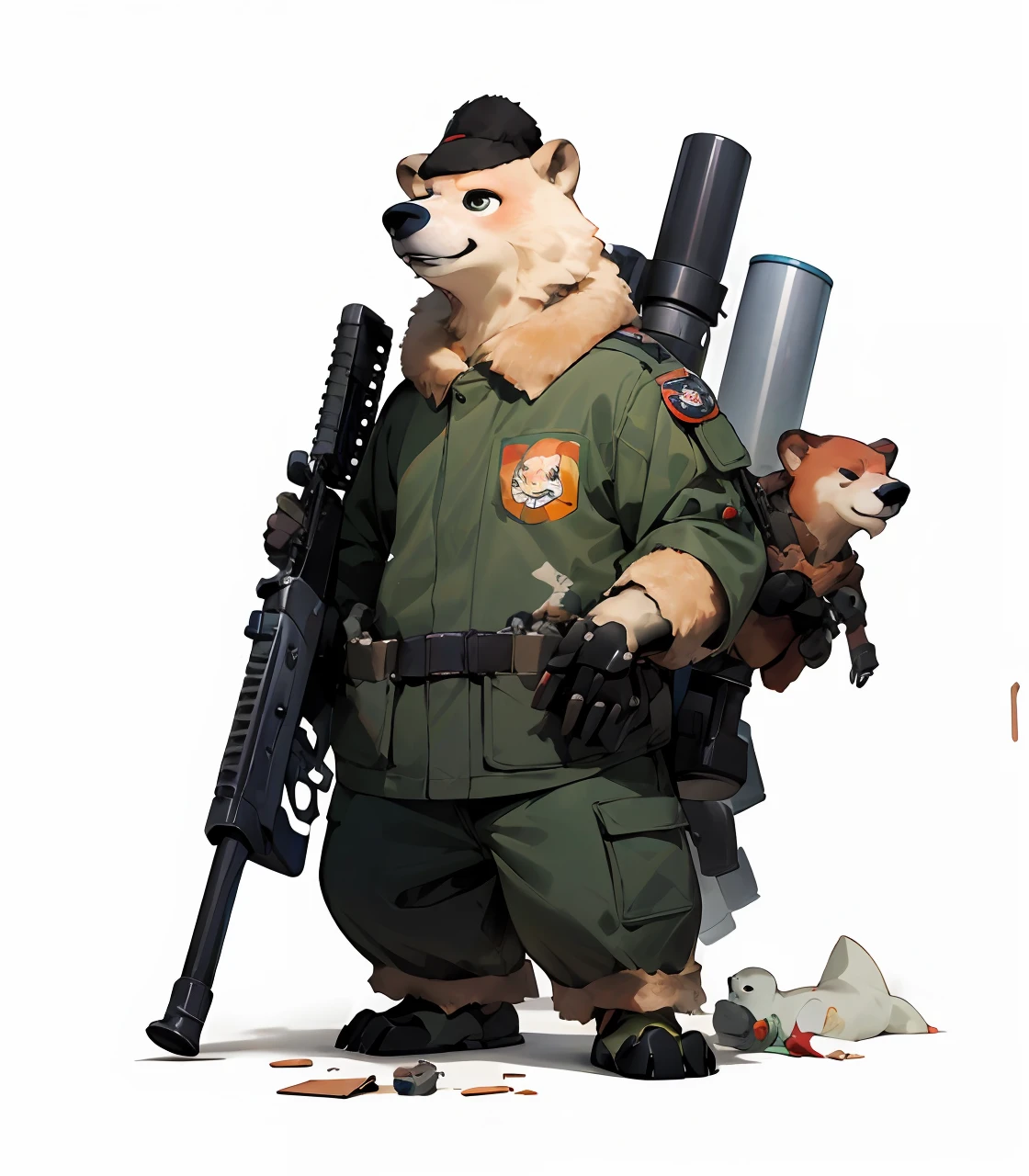 cartoonish style，lovly，In Pixar style，Doomsday crisis theme，Cartoon image of a polar bear man wearing a mecha holding a Gatling gun, Anthropomorphic polar bear man，art stations, Wasteland theme，Broken clothing，From Pixar Studios， Animal anthropomorphic cartoon character design, Official concept art, official character art,