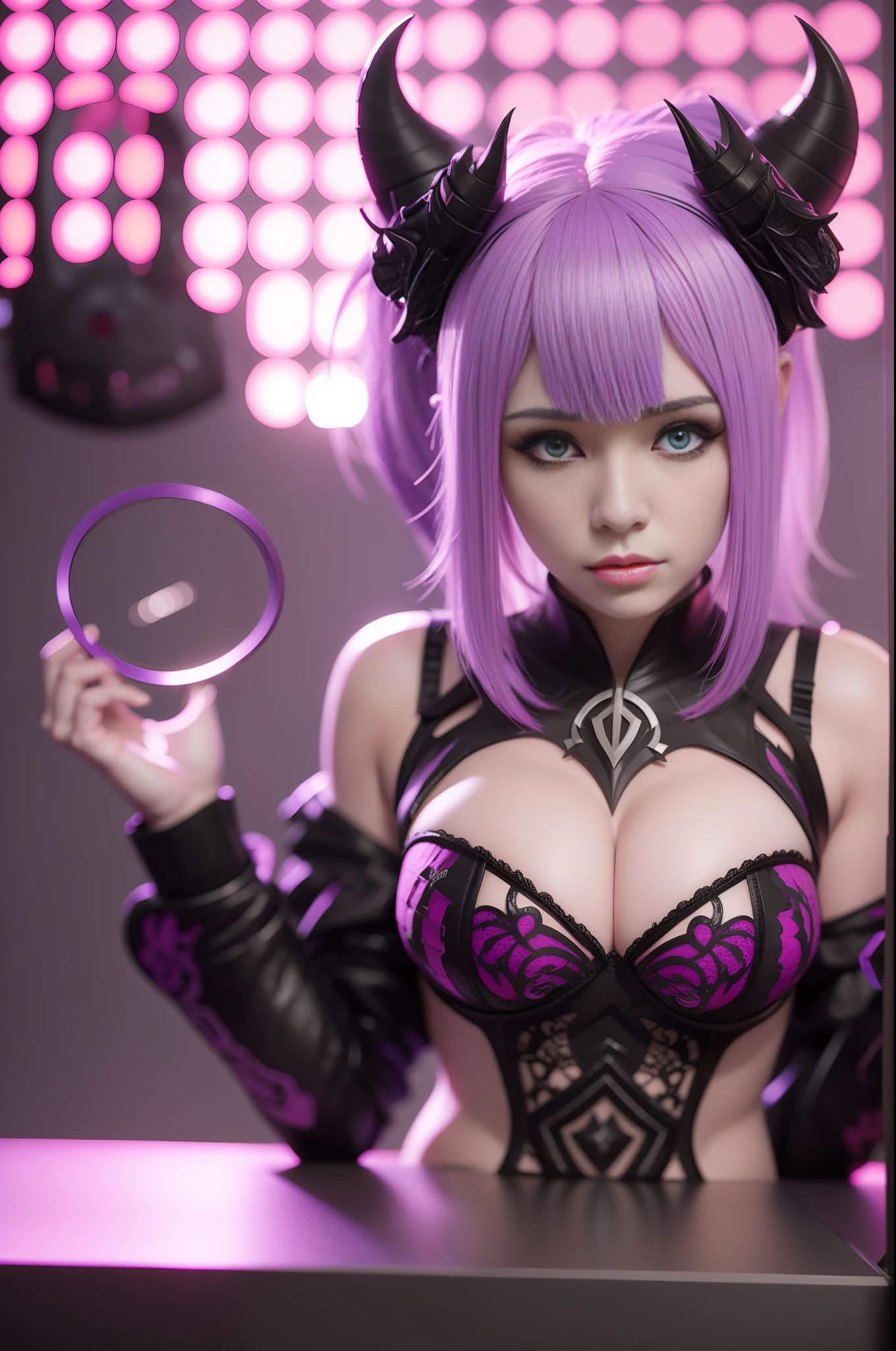 black demon evil , pink blue violet perple neon lighting, sharp focus, intricate, zbrush, high contrast, high dynamic light, highly detailed,masterpiece,Granblue Fantasy,3d ray tracing, unreal engine, octane render -px 3720x4164 --ar 2:3 --s 1000 --v 5. --no cartoon
