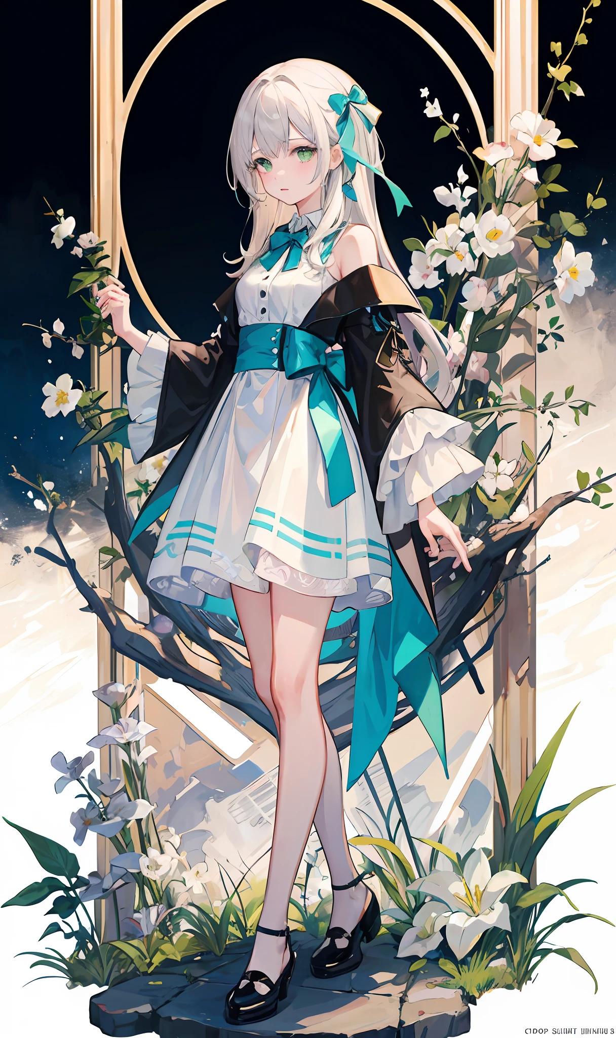 ((masterpaintings:1.4,optimal quality))+,(superdetailed)+,offcial art,Unity 8k wallpaper,superdetailed,Aesthetically pleasing,hightquality,lovly,masterpaintings,optimal quality,(flatchest),Whole human body,Standing painting,to stand,white backdrop,Long slip dress,fresh flowers,lilie,pastel green,white theme,length hair,Whole human body,shoe,Ribbon on the skirt,Bow on skirt,Creative outfits