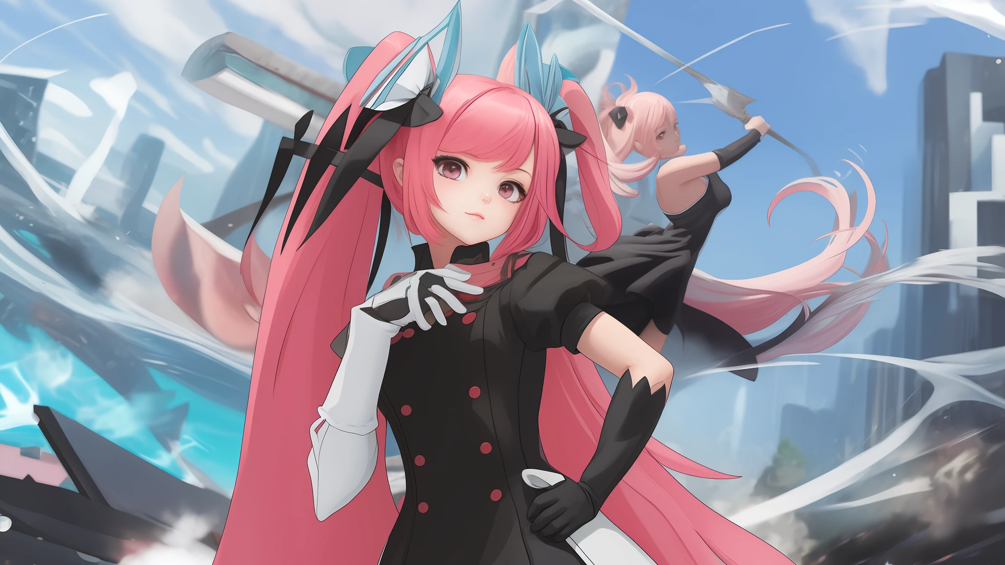Best quality Masterpiece 3dt twin tail black dress pink hair beauty