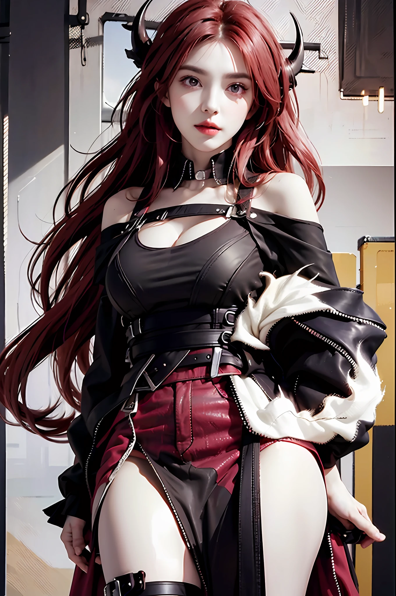 pphotorealistic, high resolution, 1 girl, origen, serious, horn, long hair,red hair,purple eyes,off-the-shoulder jacket, black dress, big blade