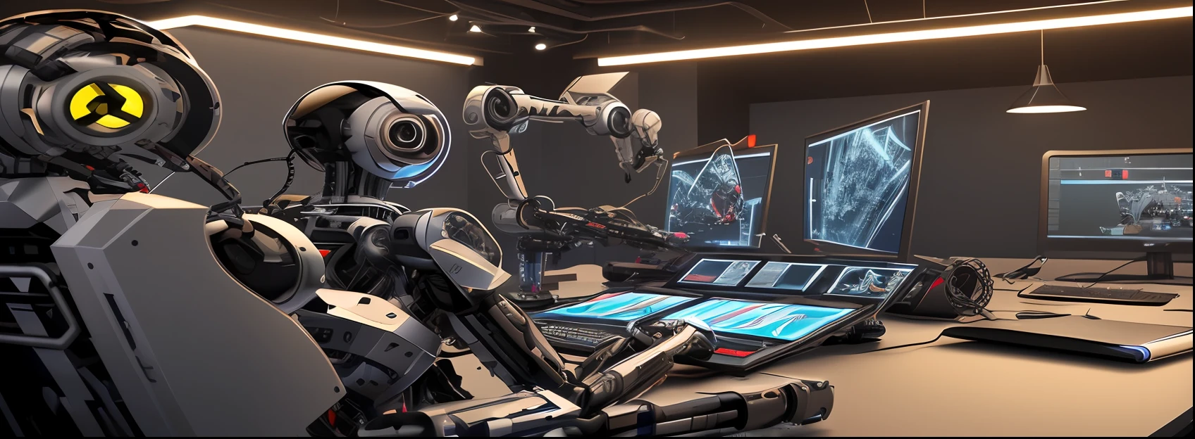CYBERNETIC ROBOT DESIGNING IN A MODERN STUDIO, 4k, Maximum definition, film lighting --auto