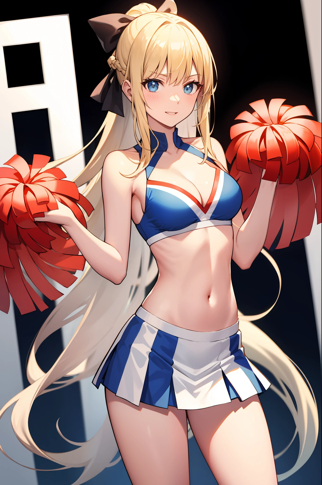 masterpiece, best quality, long hair, medium breast, cleavage, navel, slim legs, morgan fate blonde hair, field, cheerleader, happy