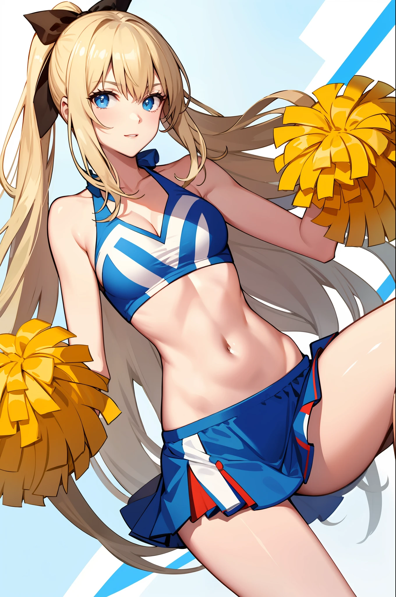 masterpiece, best quality, long hair, medium breast, cleavage, navel, slim legs, morgan fate blonde hair, field, cheerleader, happy
