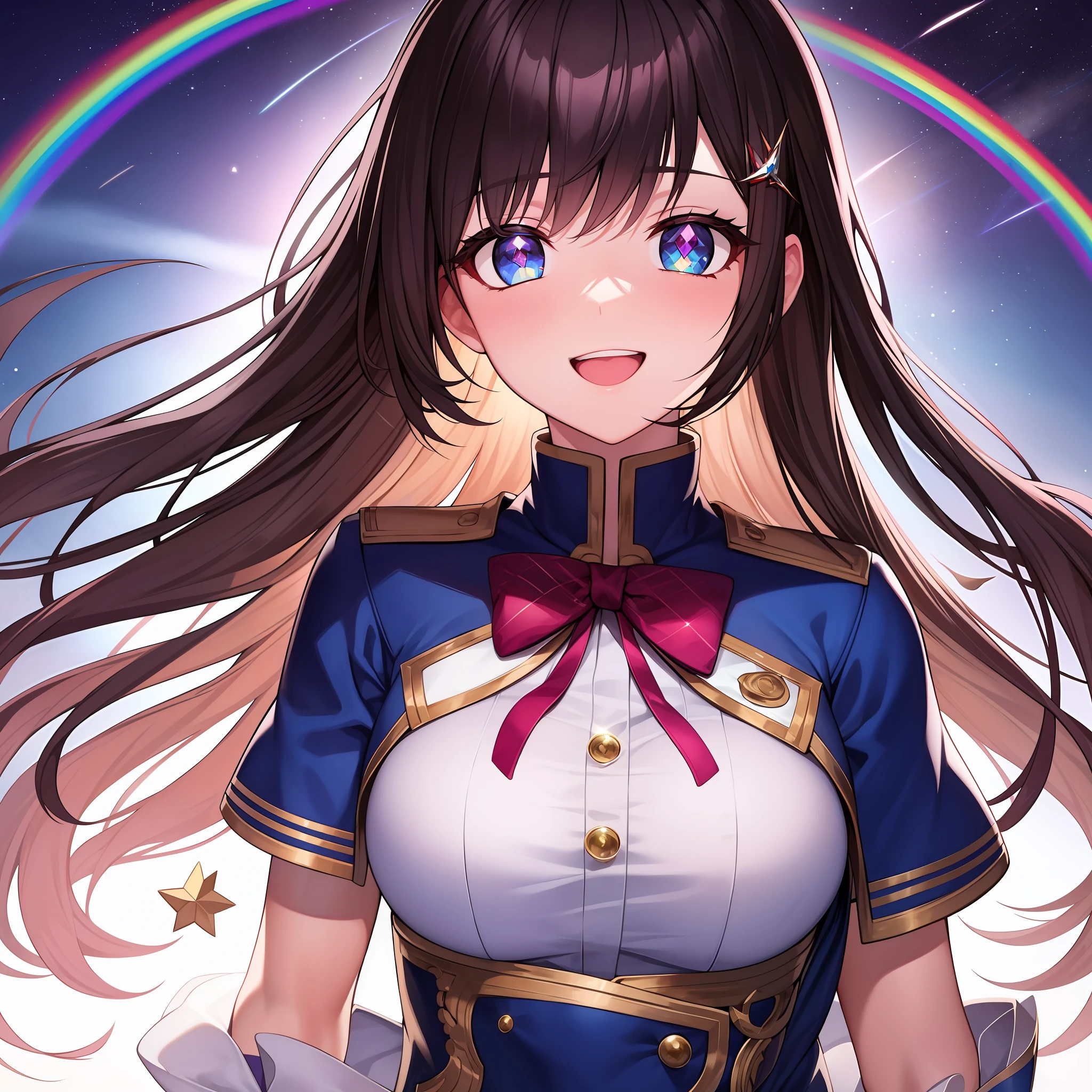 chest out, absurdres, superfine illustration,rainboweffect, highres, ultra detailed,light diffusion,highly detailed light reflection, kaleidoscope, harmonious, best shadow, highly detailed very beautiful big smile face, ;D, beautiful growing crystal diamond star pupil,look at viewer, beautiful detailed hair, solo, dynamic pose, beautiful detailed pink and black ribon, beautiful detailed High school uniform, Fantastic and the whole shines and shooting star and the wind is strong in detail background