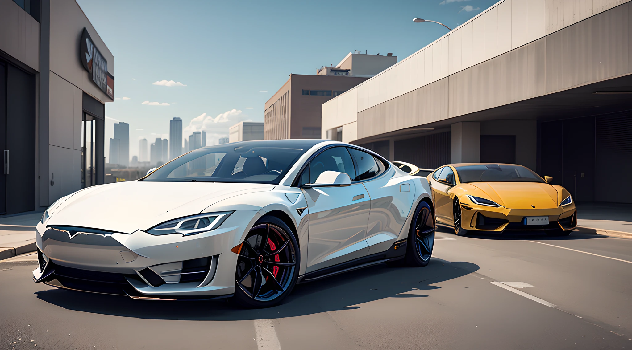 A futuristic, A Tesla and Lamborghini mashup, White car, smar cars, Eye-level, Realistic, Surreal style, 4K, hdr,