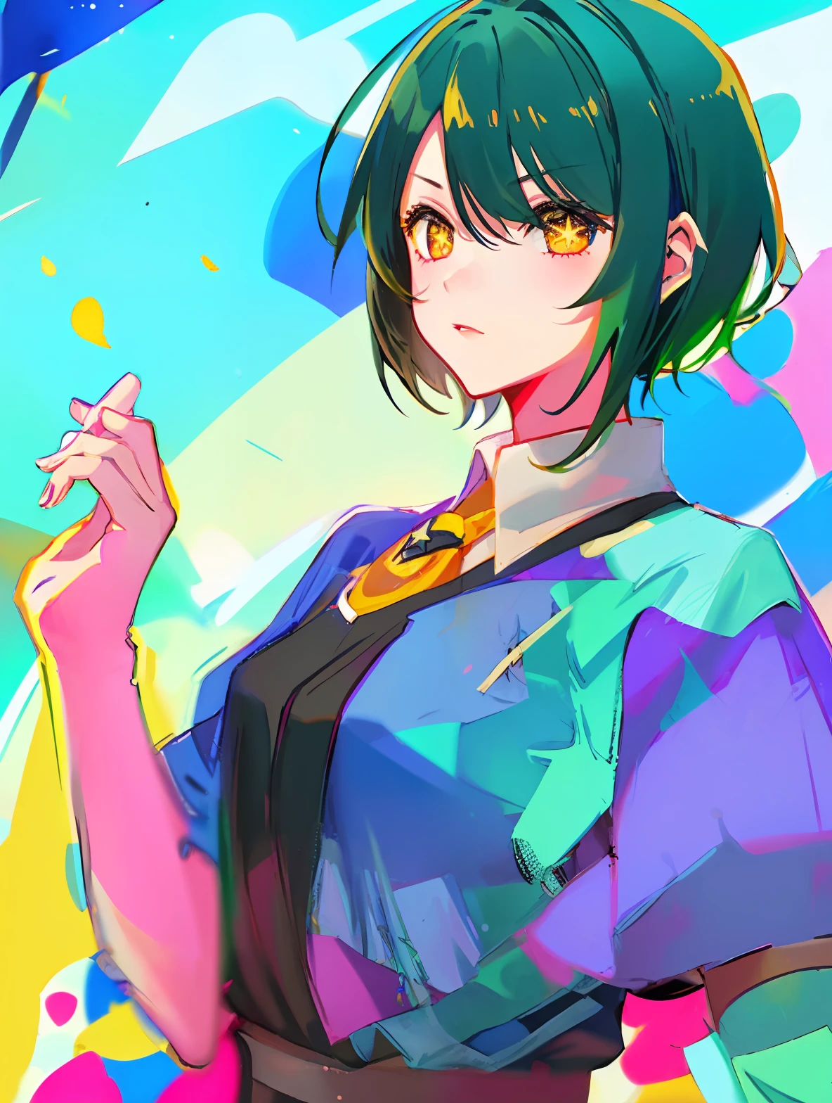 Green hair，Big sister，short-cut hair，slanted bangs，Star Eyes，Yellow eyes