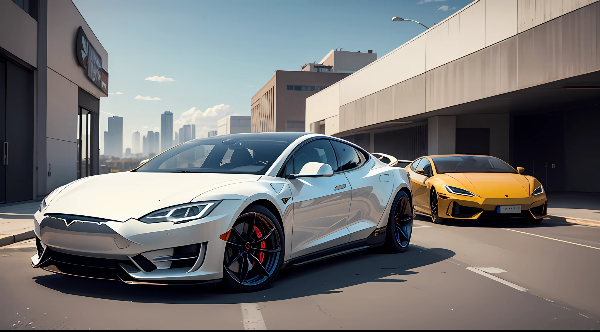 A futuristic, A Tesla and Lamborghini mashup, White car, smar cars, Eye-level, Realistic, Surreal style, 4K, hdr,