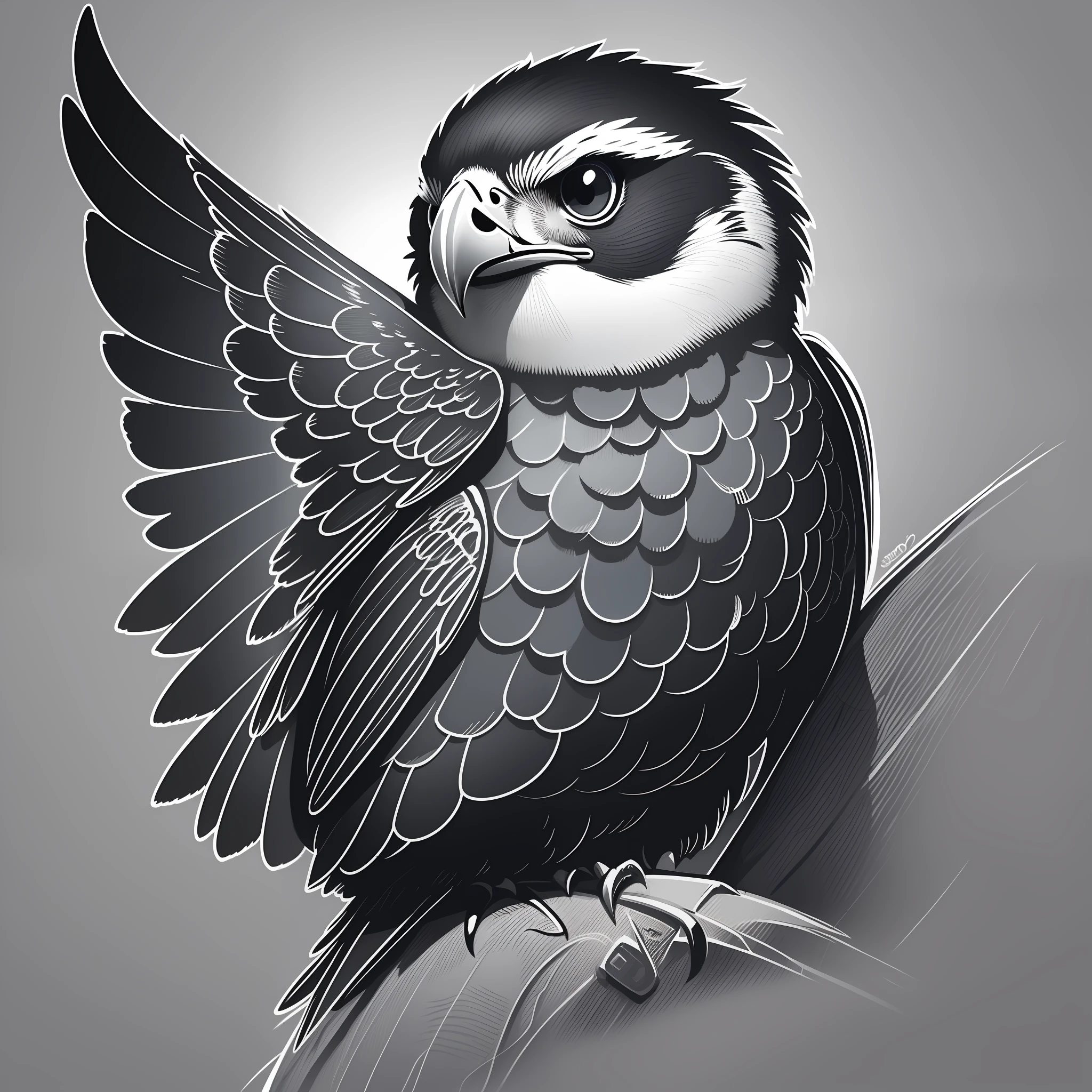 T-shirt logo、Illustration of a falcon、Use black lines only。Carefully drawn lines delimit animal shapes and features、Creates an elegant and stylized look。subtle details、More granular、More accurate lines。Please make the background transparent