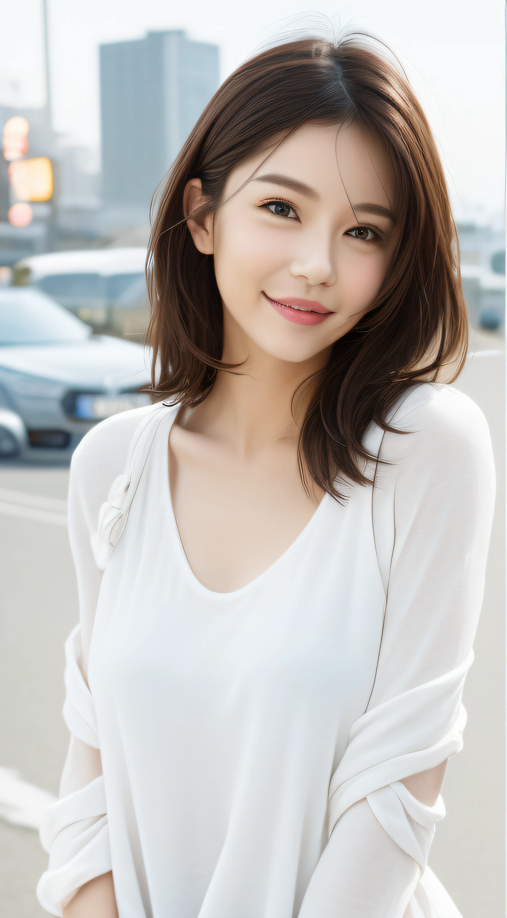 a smile、white clothing、sea side
