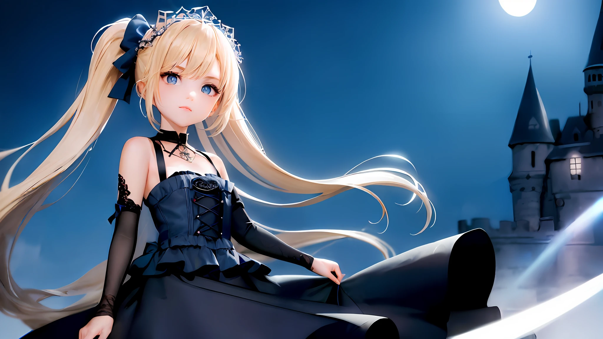 1girl huge large breasts, (Single person:1.2)，(巨作:1.2), (Best quality:1.2), break [Blue:peach red:0.5] Theme, (gradient backgrounds :1.1), Cowboy shot, Upper body body，Cinematic light，(Perfect hand 1.5)， Break through the blonde hair, (dual horsetail:1.2),black hair ribbon, Gothic style clothing，long  sleeves，Cake dress，Blue eyes， Slender beautiful legs，Playful，Castle background，夜晚，Moon light，