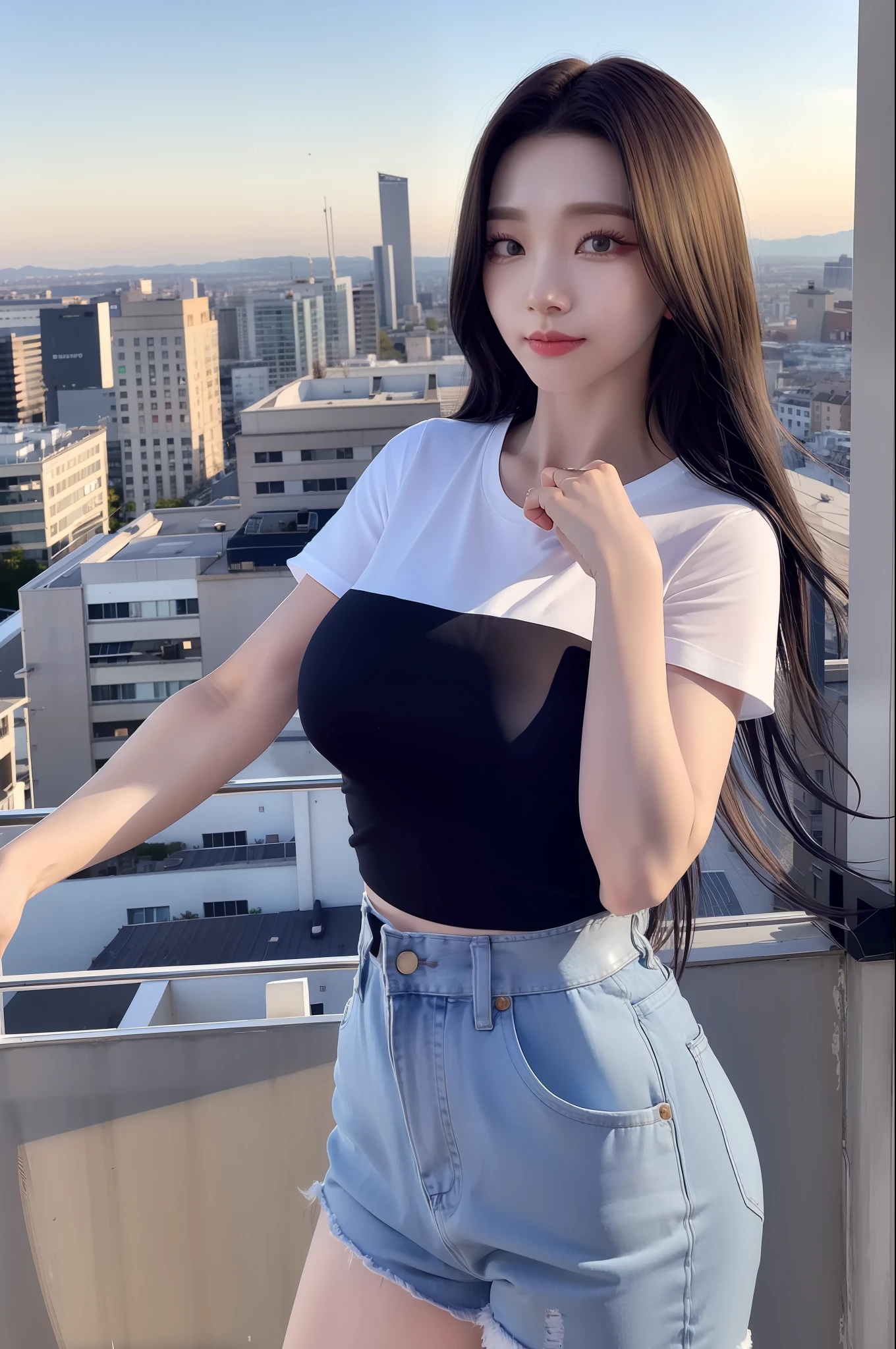 ((Midnight, Best quality, 8k, Masterpiece :1.3)), Whole body, Long legs, Sharp focus :1.2, A pretty woman with perfect figure :1.4, Slender abs :1.1, ((Dark brown hair, Big breasts :1.2)), (White tight tshirt, Jean bib, Standing:1.2), ((Night city view, Rooftop:1.3)), Highly detailed face and skin texture, Detailed eyes, Double eyelid