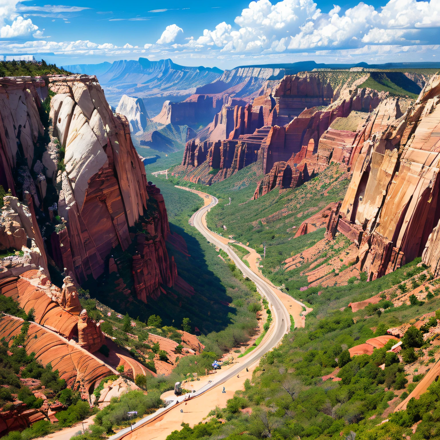 (detailed digital painting),(best quality),(travel poster),(Zion National Park),(sunny day),(red rocks),(blues sky and clouds),(vibrant foliage),(natural beauty),(majestic cliffs),(rugged terrain) --auto