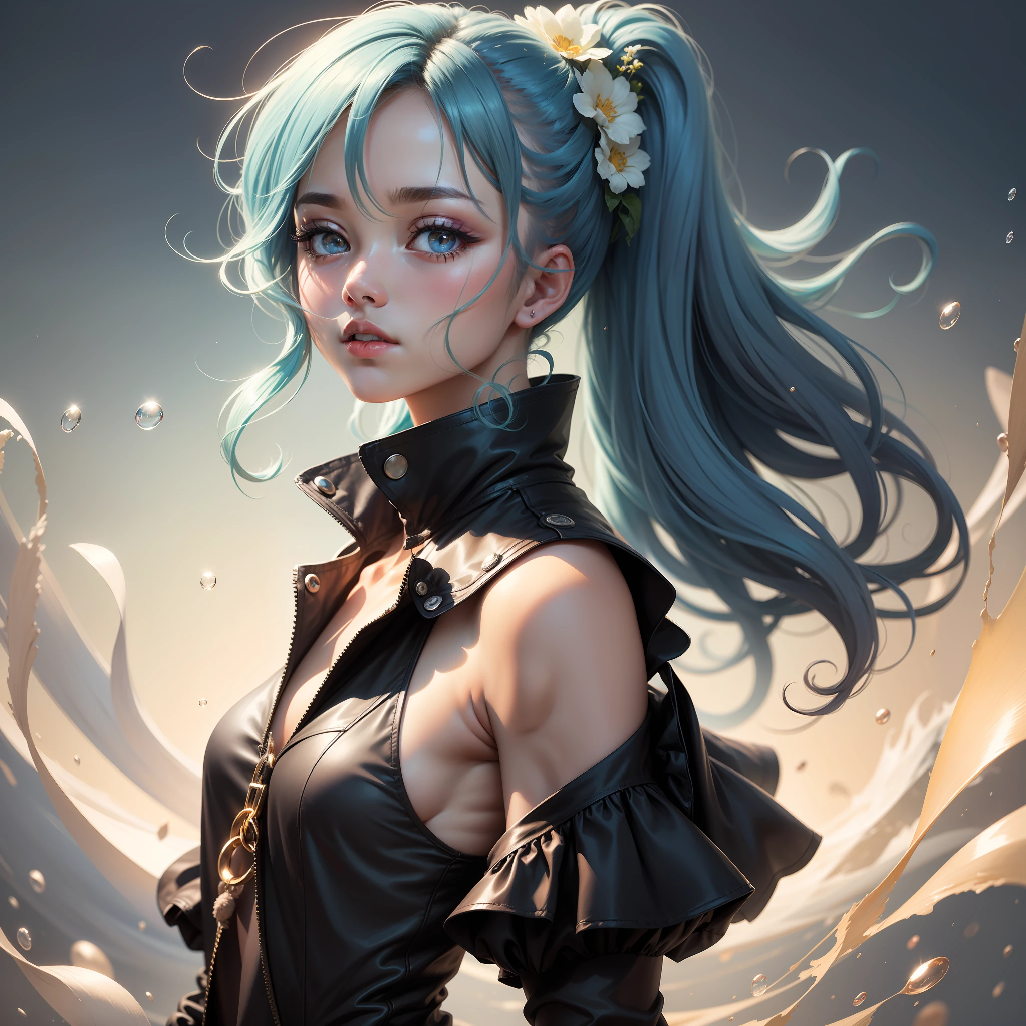 (masterpiece), (best quality), (ultra detailed),(disheveled hair),(illustration), (1girl), (Fashionable clothing), standing, Fashion model, looking at viewer, (interview), (simple background),beautiful detailed eyes, delicate beautiful face, Floating,(high saturation),(colorful splashes),colorful bubble,(shining), focus on face,  ponytail, kamisato ayaka, light blue hair, bangs, hair ring, floating flowers, floating hairs, (shining), best lighting, best shadow,