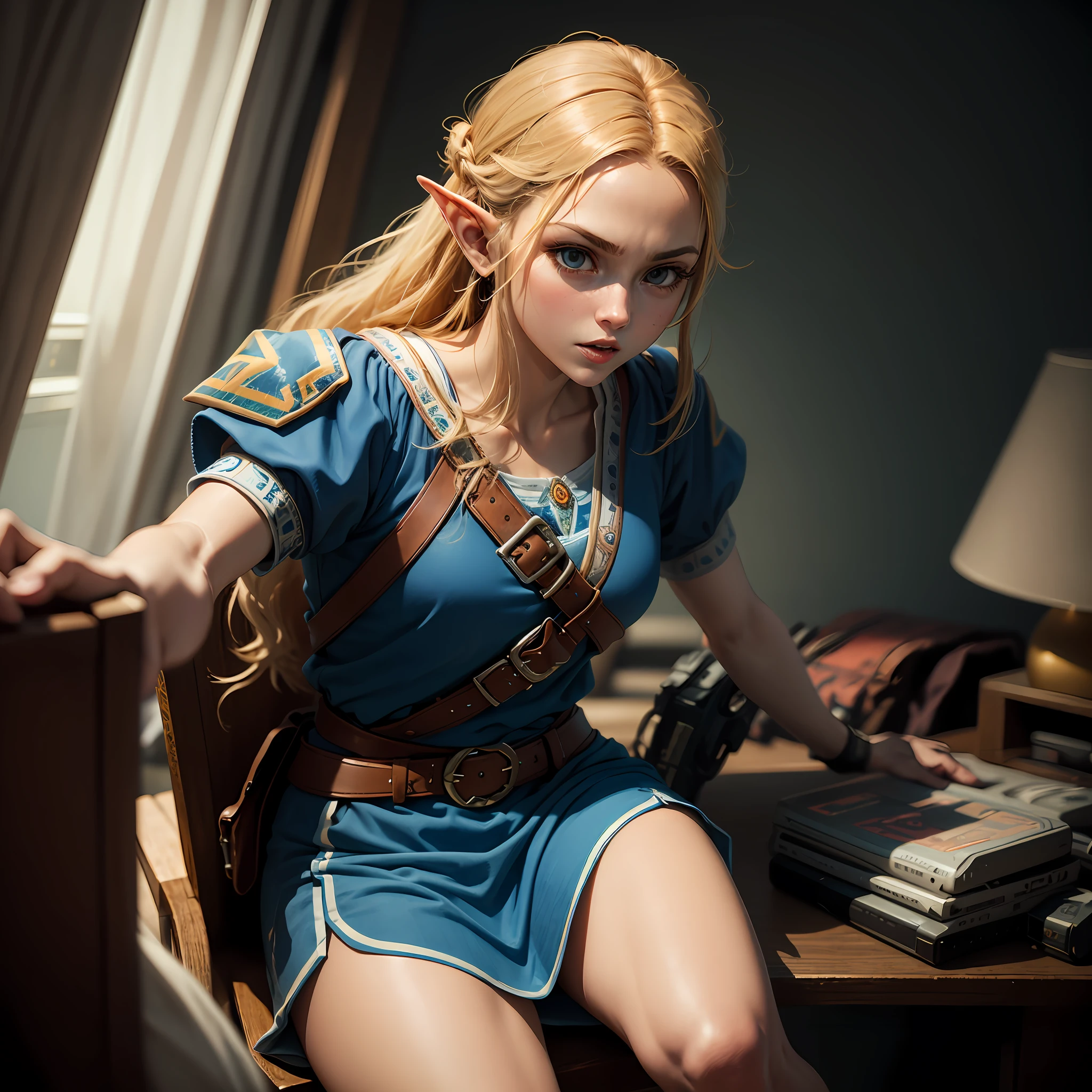Console super Famicom com o jogo Zelda em ultra qualidade (1:1) with depth and high quality filters in 8k resolution.