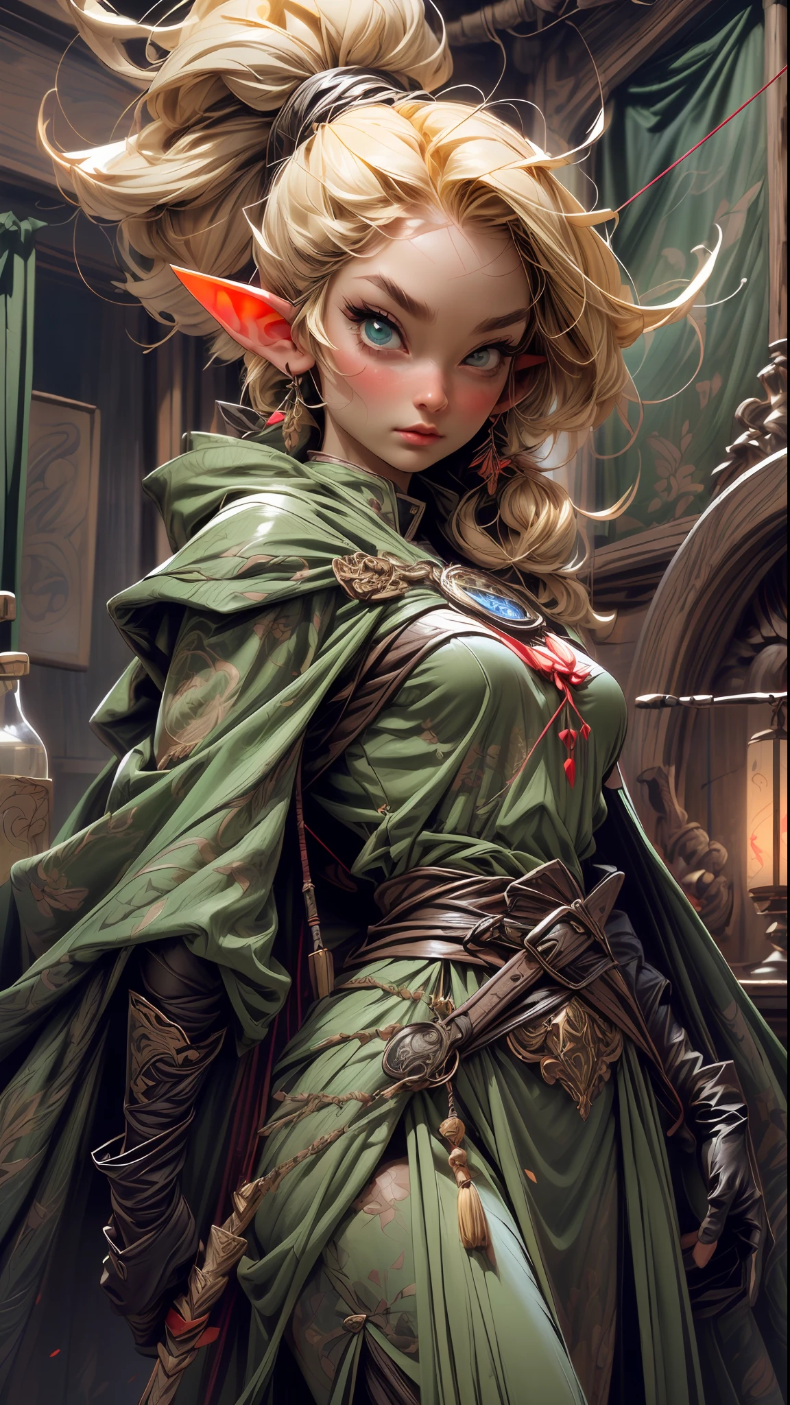 (skindentation:1.5), realistic, photorealistic, (masterpiece:1.5), concept art, intricate details, highly detailed, octane render, 8k, unreal engine, dynamic pose, best quality, highres, ((dramatic)), epic, depth of field, 8k, particles, (realistic face:1.1, hyperrealistic:1.1), ((1girl, close-up, medium breasts, perfect eyes, detailed eyes, high quality eyes, perfect face, high quality face, shiny skin:1.2, shiny face:1.2, embarrassed, blush:0.8, green eyes)), server, rustic tavern interior in background, pitcher, sign, jovial fantasy atmosphere, detailed background, blurry wooden bar table as foreground, (((elf, pointy ears, blonde hair, perfect hands))), ((archer, archery, extremely intricate cloak, leather armor, leather belt, boots, padded cloth, gloves, bracers, bow, quiver)), Full body, bow at back, arrow on the left hand.