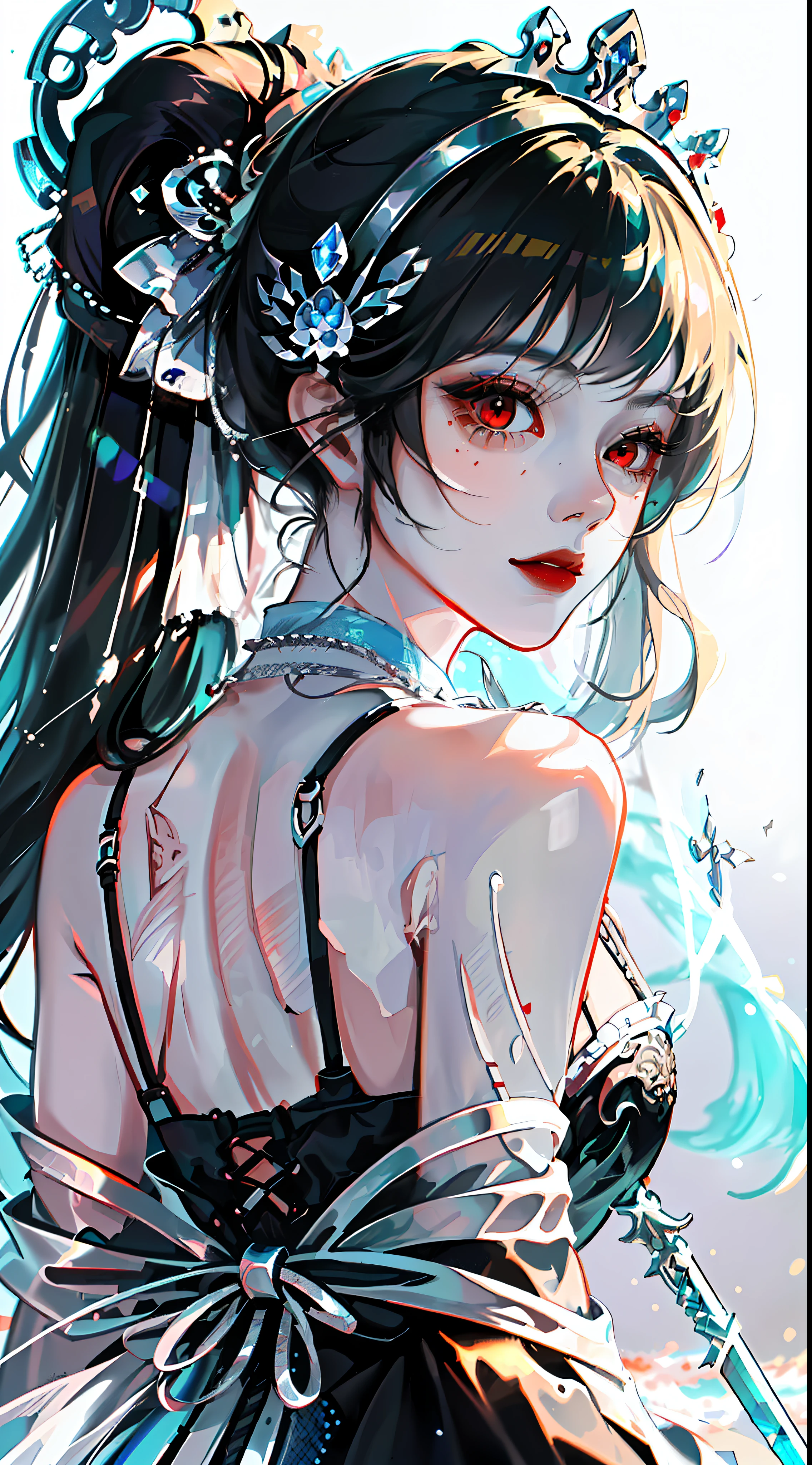 cropped torso upper body,High saturation,(((Futuristic swordsman))),Perfect female body,Side ponytail,White hair,Red eyes,arms  behind  back,Black collar，Black gauze dress，Red rose hair ornament，Black gauze tiara，Expose the back，Stand sideways，Gothic_Lolita,（face red），laught，looking at the spectator((White background)),(((detailed manga illustration))),(((intrincadamente detalhado))),masterece-piece