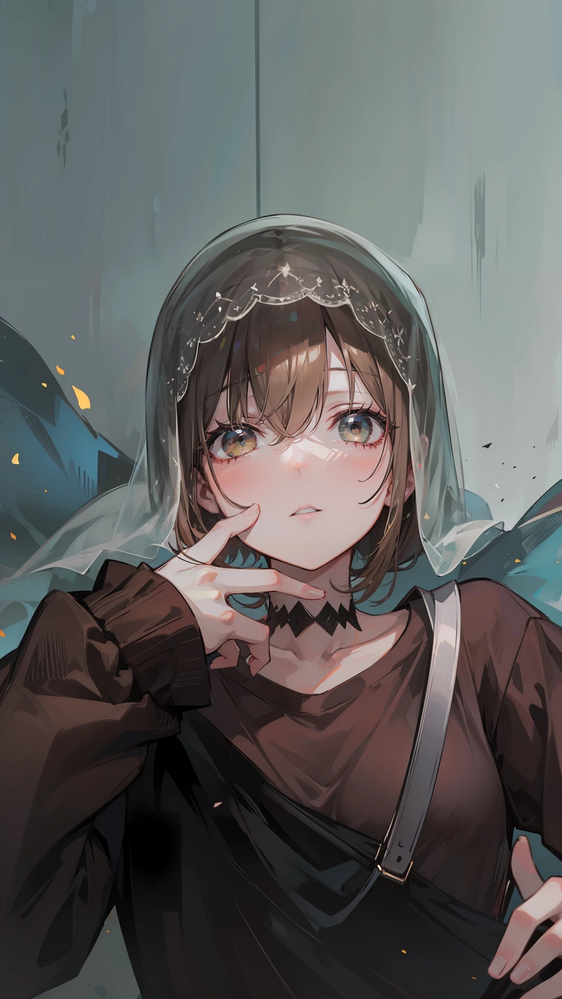 1 veil girl, sukuna face, taupe veil, brown t-shirt, beautiful face