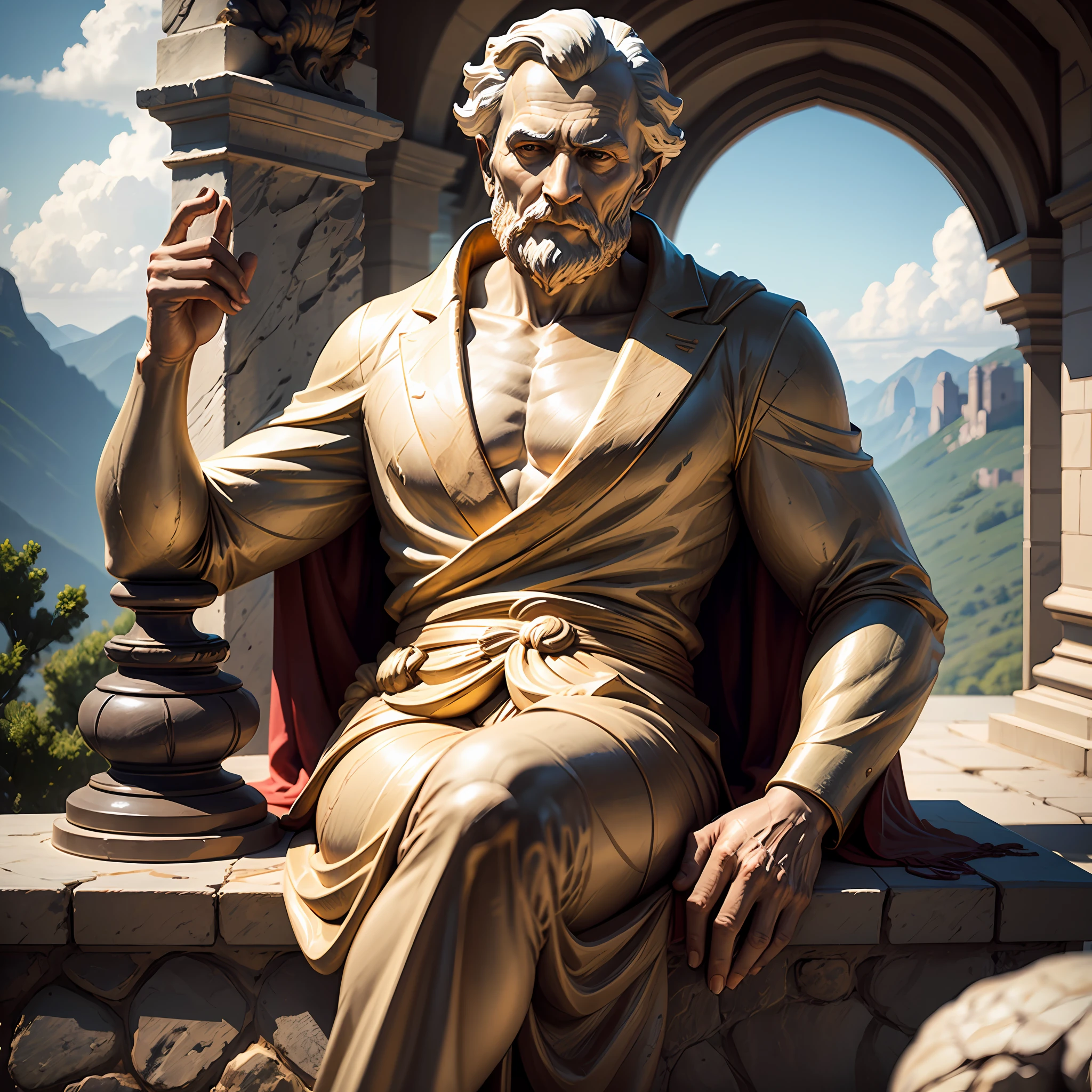 a marble statue of a wise old man sitting looking at the camera with a beautiful landscape in the background, marble statue, realista, facing the camera, 8k --auto