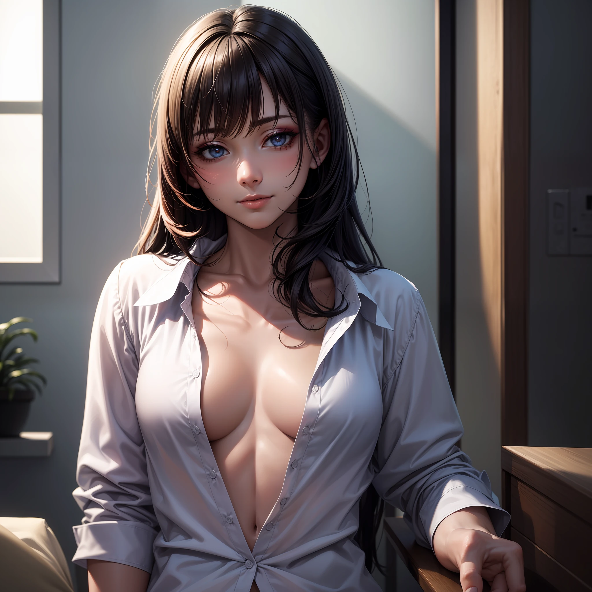 (extremely detailed CG unity 8k wallpaper), (masterpiece), (best quality), (ultra-detailed), (best illustration), (best shadow), ultra-high res, (photorealistic:1.4), 1girl at home, ((very oversize shirt, buttoned shirt, open shirt)), (man shirt), no bra, collarbone, (small breasts:1.2), small , (long hair:1.2), looking at viewer, light smile, upper body, makeup,