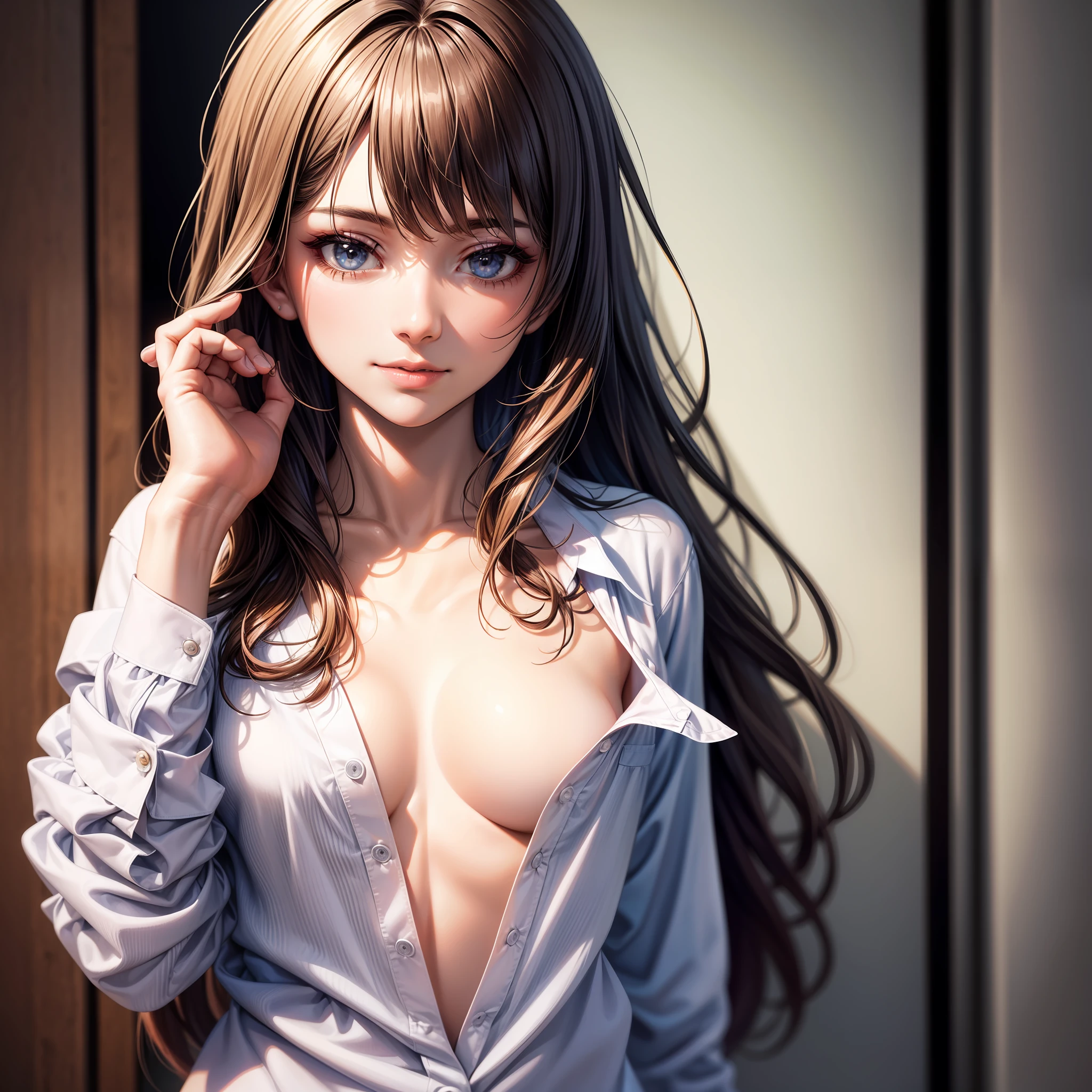 (extremely detailed CG unity 8k wallpaper), (masterpiece), (best quality), (ultra-detailed), (best illustration), (best shadow), ultra-high res, (photorealistic:1.4), 1girl at home, ((very oversize shirt, buttoned shirt, open shirt)), (man shirt), no bra, collarbone, (small breasts:1.2), small , (long hair:1.2), looking at viewer, light smile, upper body, makeup,