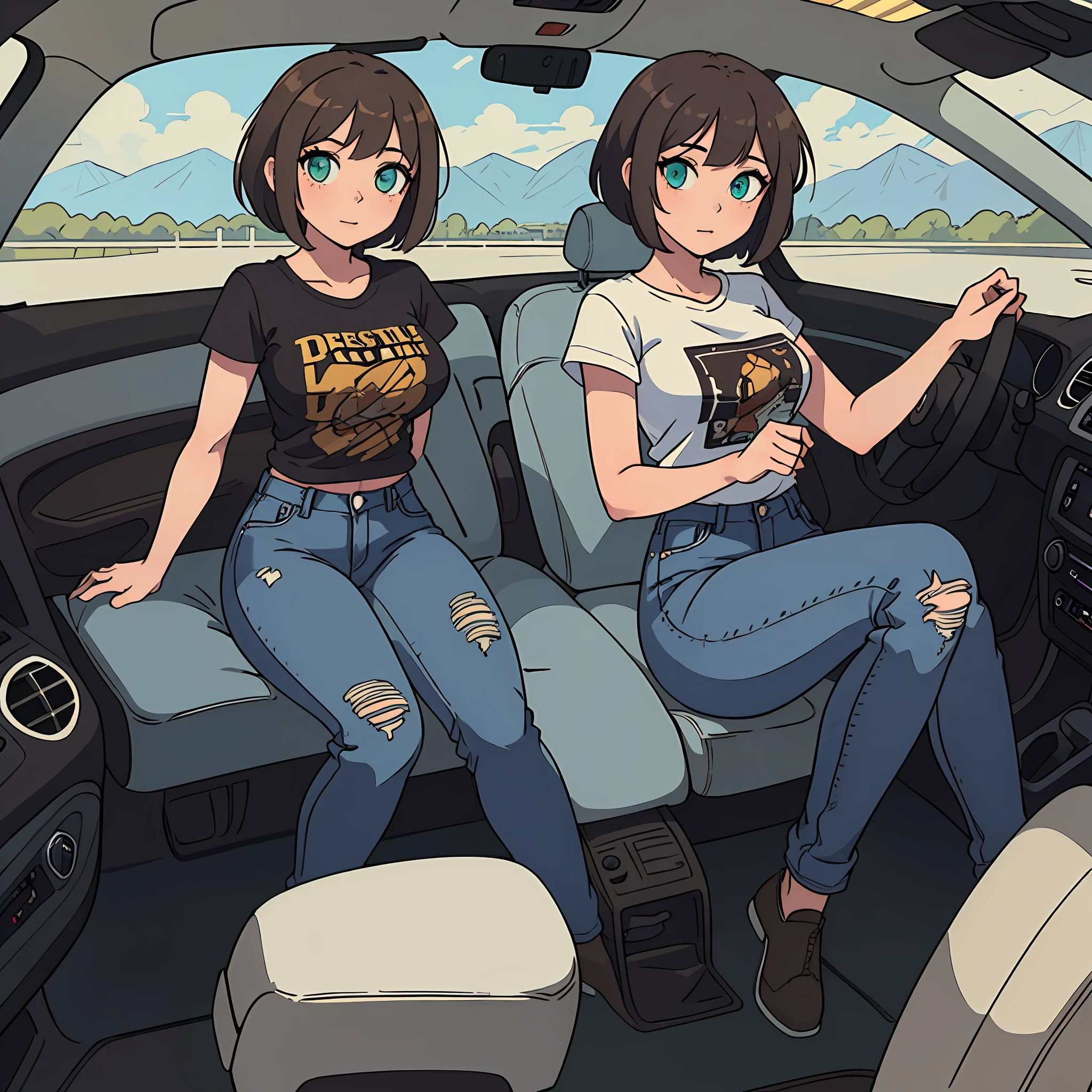 1 girl, best quality, intricate details, t-shirt, jeans, sexy girl , high detailed, lightgreen eyes, detailed eyes, large hips, slim figure, tall, Brown hair, pixie cut, anime style, high detailed background, driving the car, sitting in car interior 4k