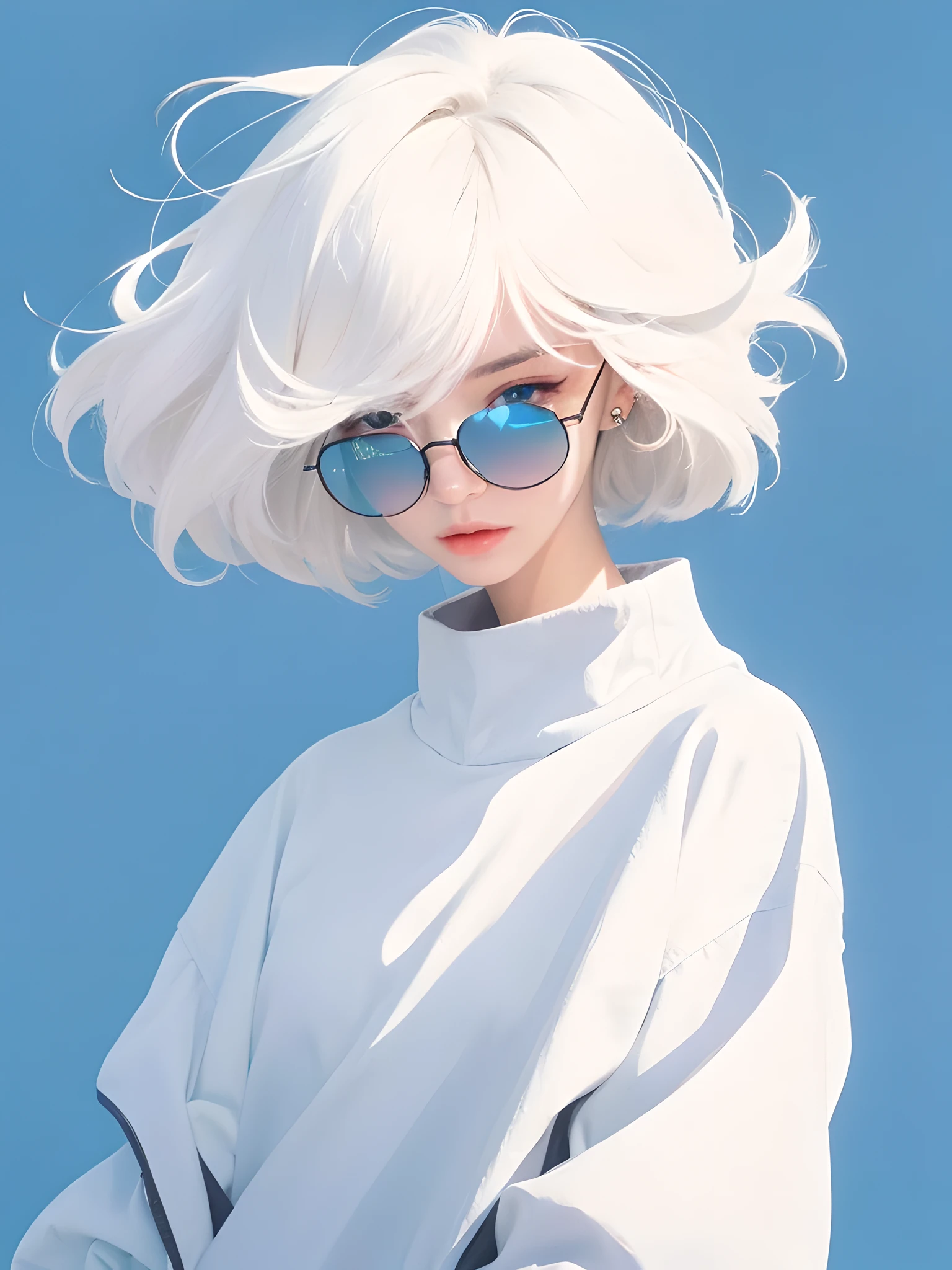 (photorealistic:1.4), best quality, masterpiece, ultra high res, 1girl, (detailed face:1.2), (detailed eyes:1.2), (detailed hair:1.2), (detailed clothes:1.2), 4k, (detailed color:1.2), glasses, earring, white hair,