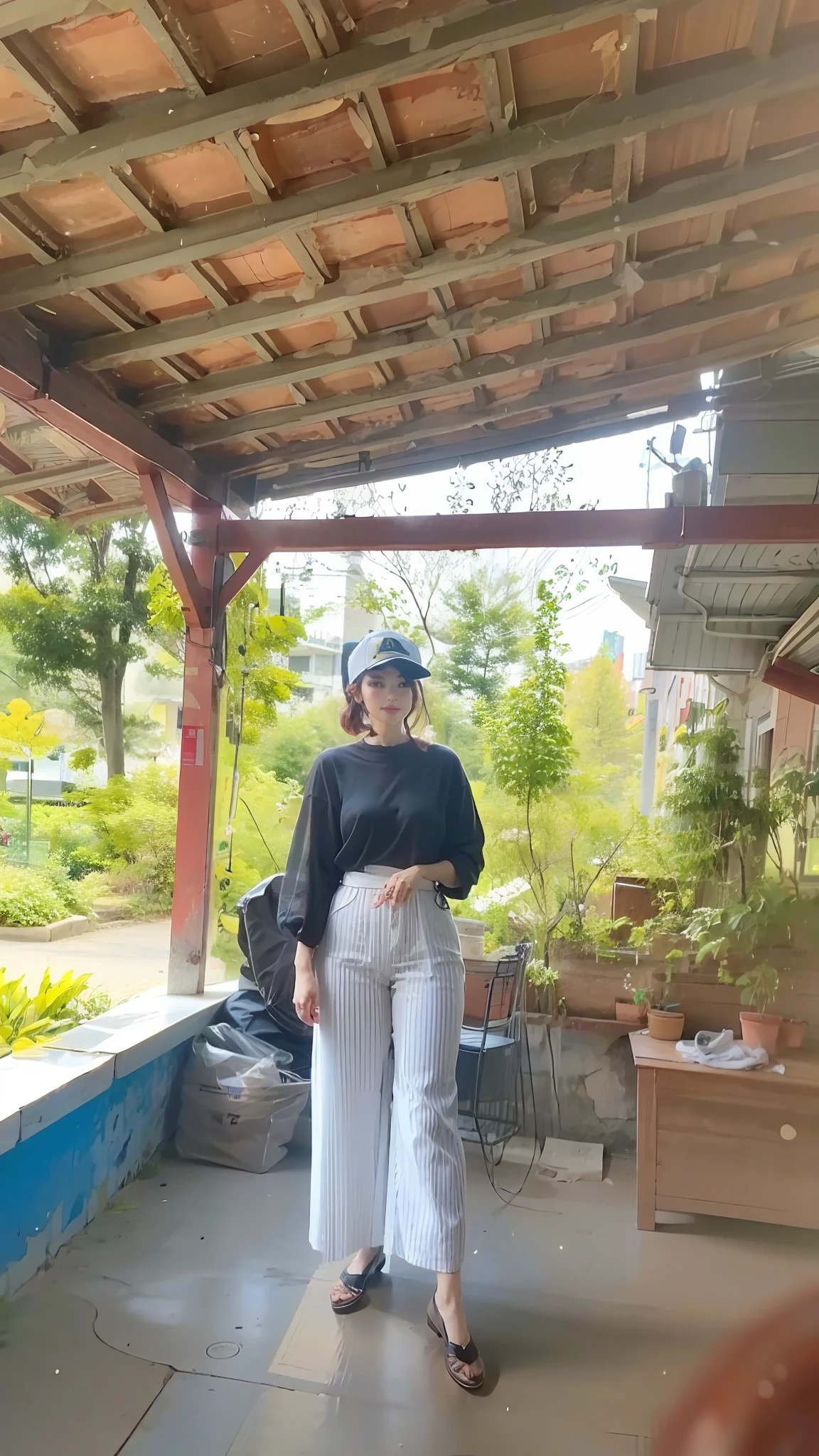 Beautiful woman medium hair, wearing cap, cyberpunk style short clothes