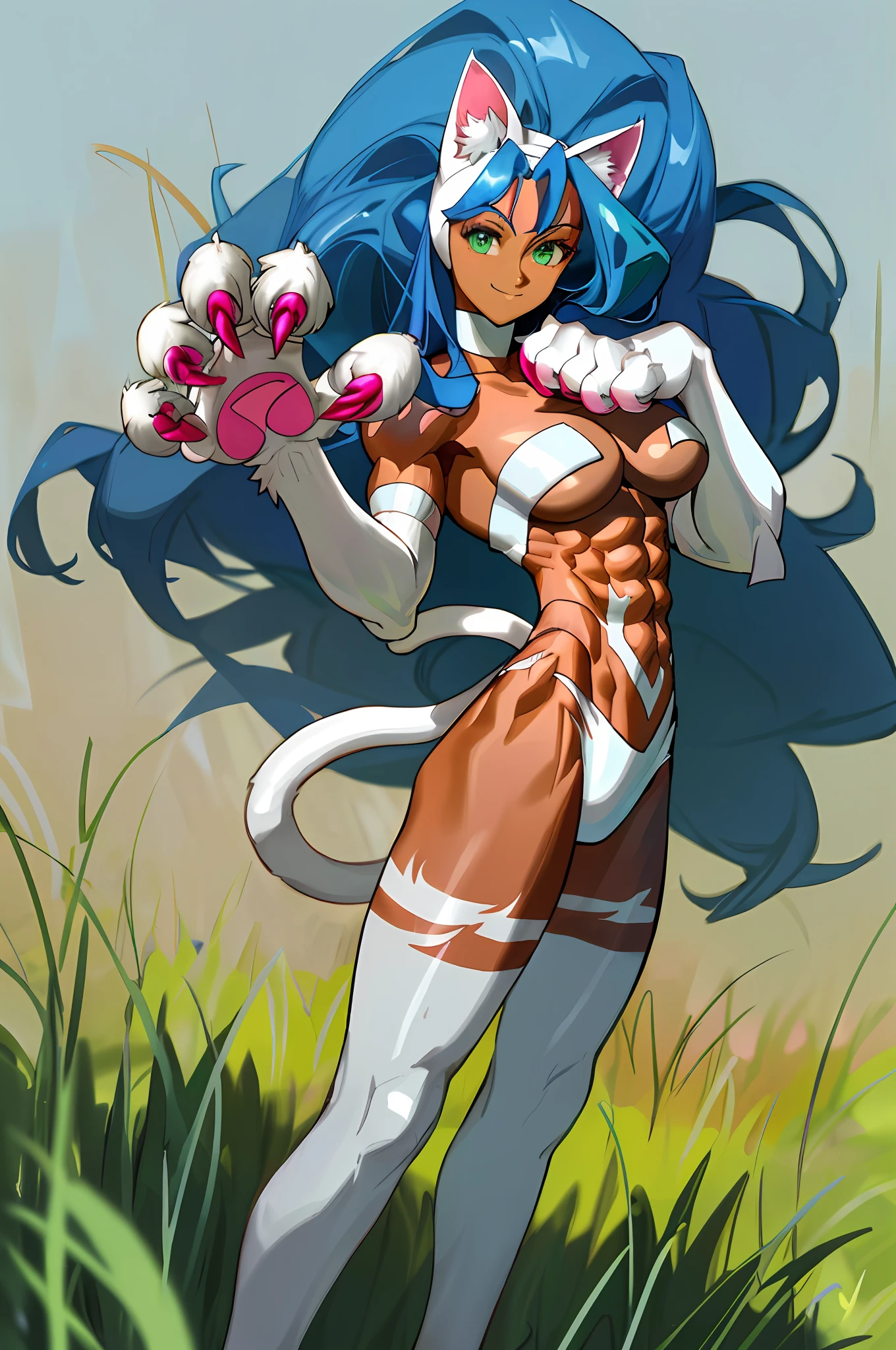 [1girl,animal hands], [Felicia_(darkstalkers)], ((solo portrait)), ((High definition)), ((anime)), ((raytracing)), ((detailed shading)), {felicia; (dark skin, cute green eyes, long messy blue hair, white cat ears, long white cat tail, large boobs, thicc), (white fur on body), (pink claws), (beautiful feet), (happy smile; long eyelashes), (athletic body; defined abs, defined leg muscles, defined arm muscles)}, ((standing; looking at viewer, bearing claws), (cat-like pose)), [Background; (outside daytime; grass plains)]