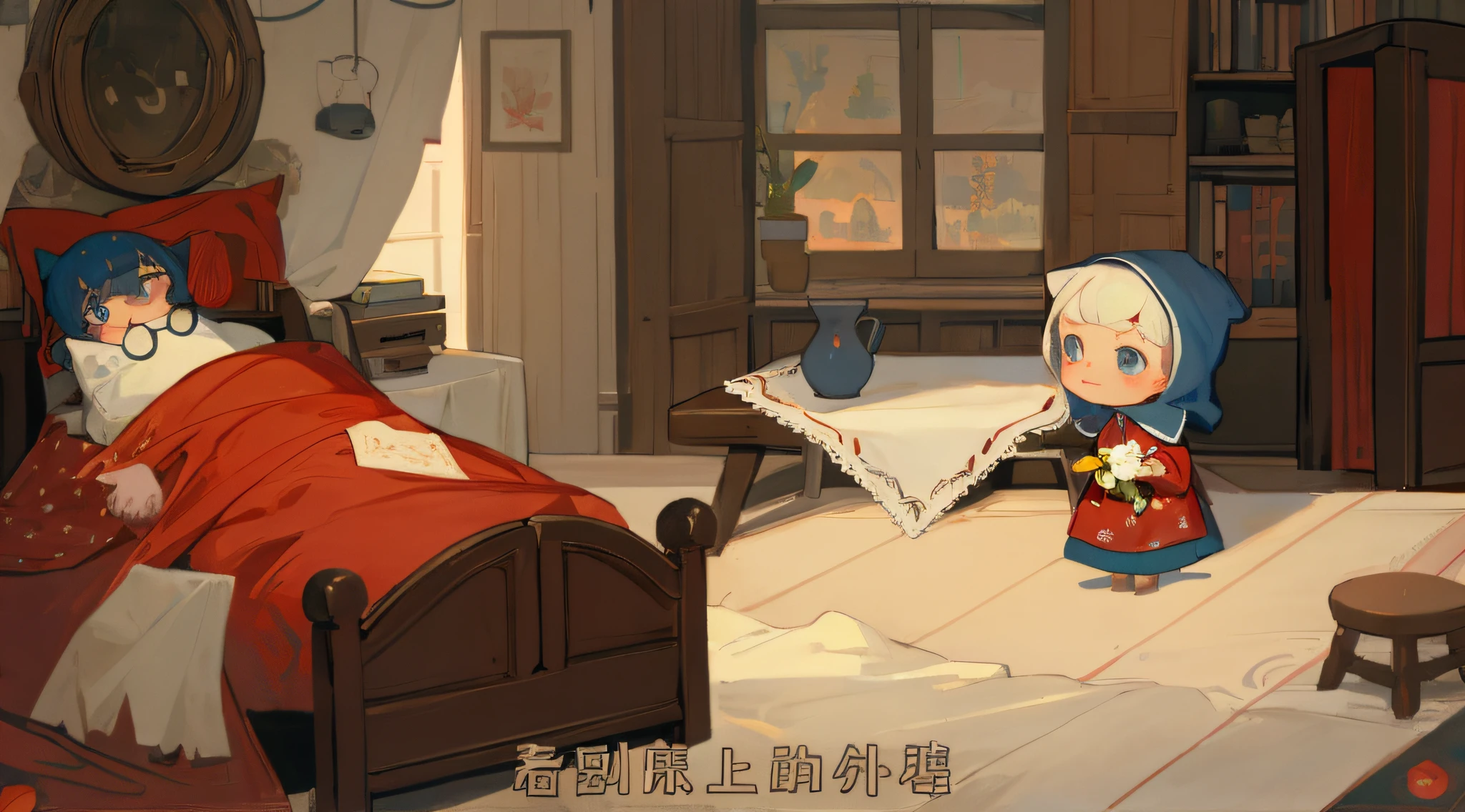 "(masterpaintings,optimal quality,Highest aesthetic:1.2),An illustration of Little Red Riding Hood's fairy tale,The painting style is cute、Warm。The scene is set in a 、The wolf pretending to be grandmother,The big bad wolf is in bed,Cover with a quilt,Wear pajamas。Little girlowers in her hand,Visit Grandma。Complete hands,Enhance picture detail。"
