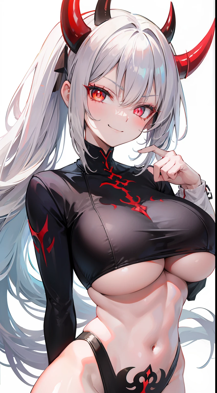 (masterpiece, best quality), asmodeus, glowing eyes, asmodeusoutfit, underboob, smirk, blushing, girl, facial expression, big breast, proportional body, white background, full shot