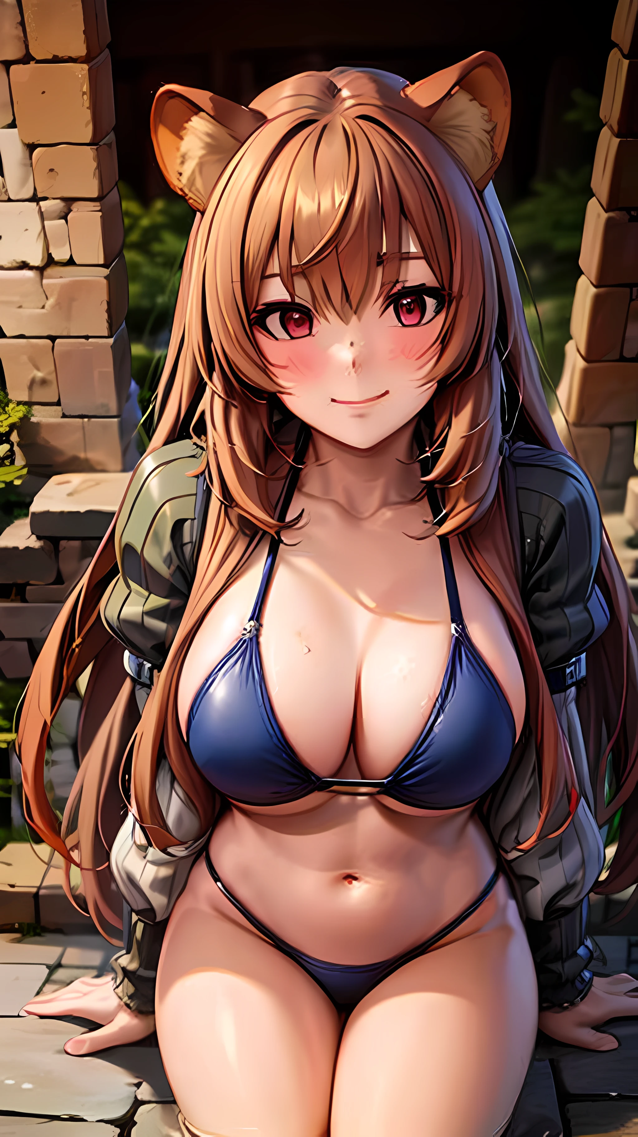 巨作, beste-Quality, Raphtalia, a 1girl, 独奏, Long Hair, Breast, looking at the spectator, big boob, Big hip, blush, behind, a smile, bikini only, auburn hair, red eyes, thights, long sleeves, gown, guarding, animal ears, Very long hair, closed mouth, bikini of, Raccoon tail, Raccoon Girl,