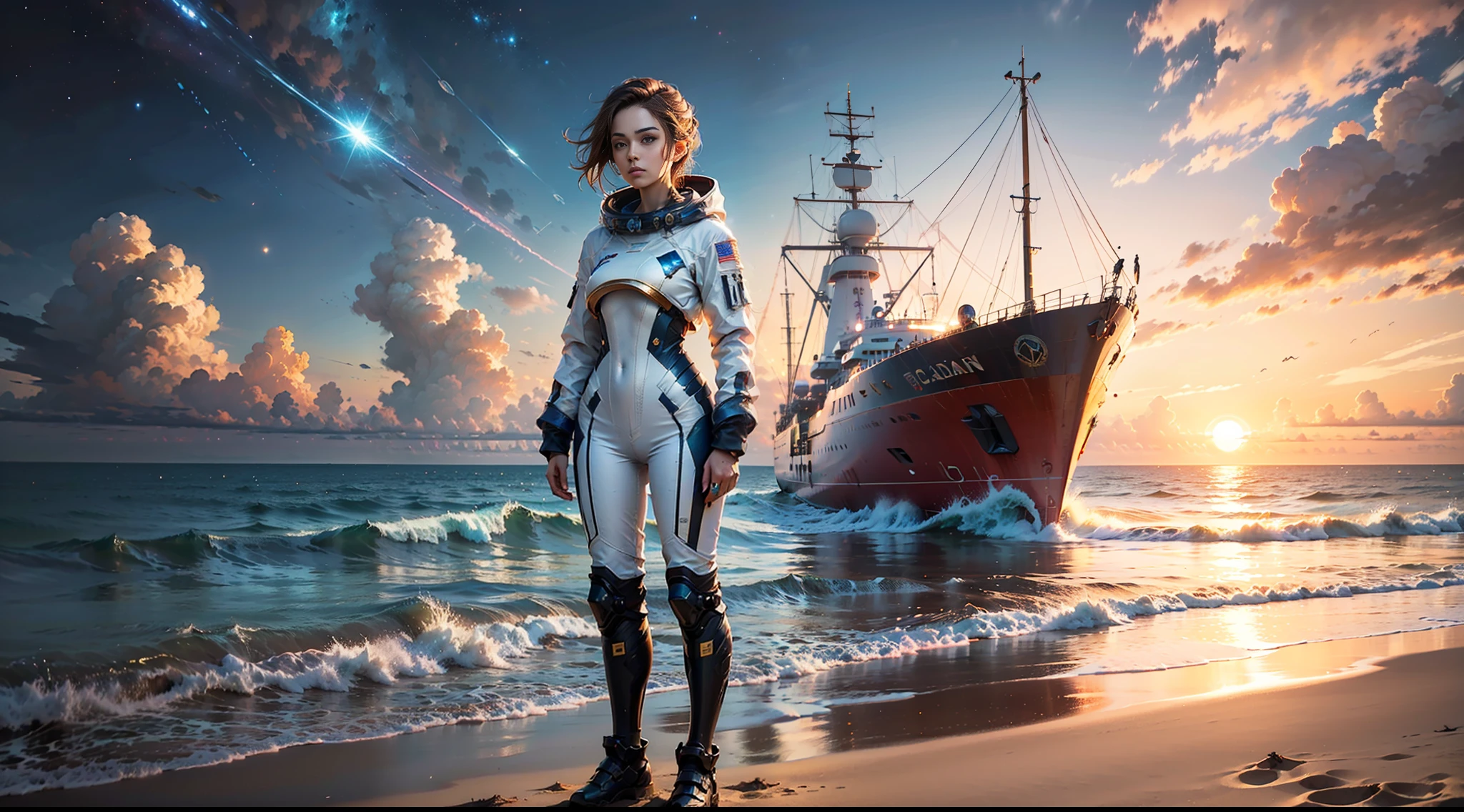 ((woman standing on the beach)), detailed anime face, mid shot, (chrome golden and blue sci-fi space suit), brown hair, (white clouds), sunset, stars, ships far away in ocean