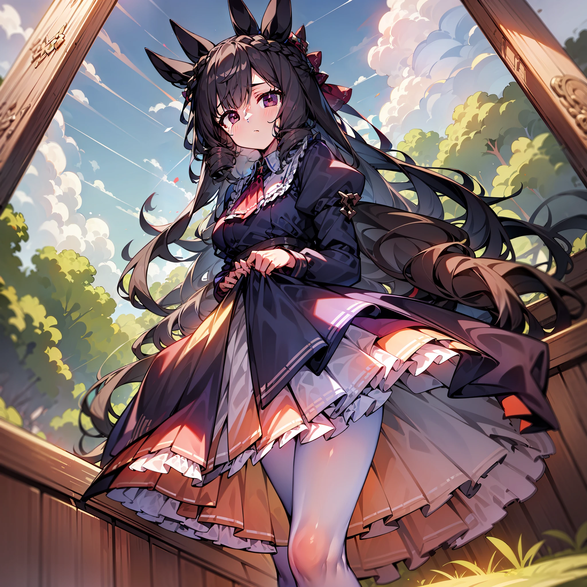 (Masterpiece), (Best Quality), (Ultra Detail),(Best Shadow: 0.4), (Best Illustration), (Very Delicate and Beautiful), Photorealistic, Dramatic Lighting, Fine Detail, Blue Sky, Grassy Hills, One Girl, Solo, 1st Ruby \(Uma Musume\), Fine Irises, Standing, Red Ascot, Puffy Long Sleeves, Dress with collar, Ruffled dress, Purple dress, white pantyhose, legs from frame, standing, :|, from below, looking at viewer, arms on the sides, condescending, contemptuous, pretty from below