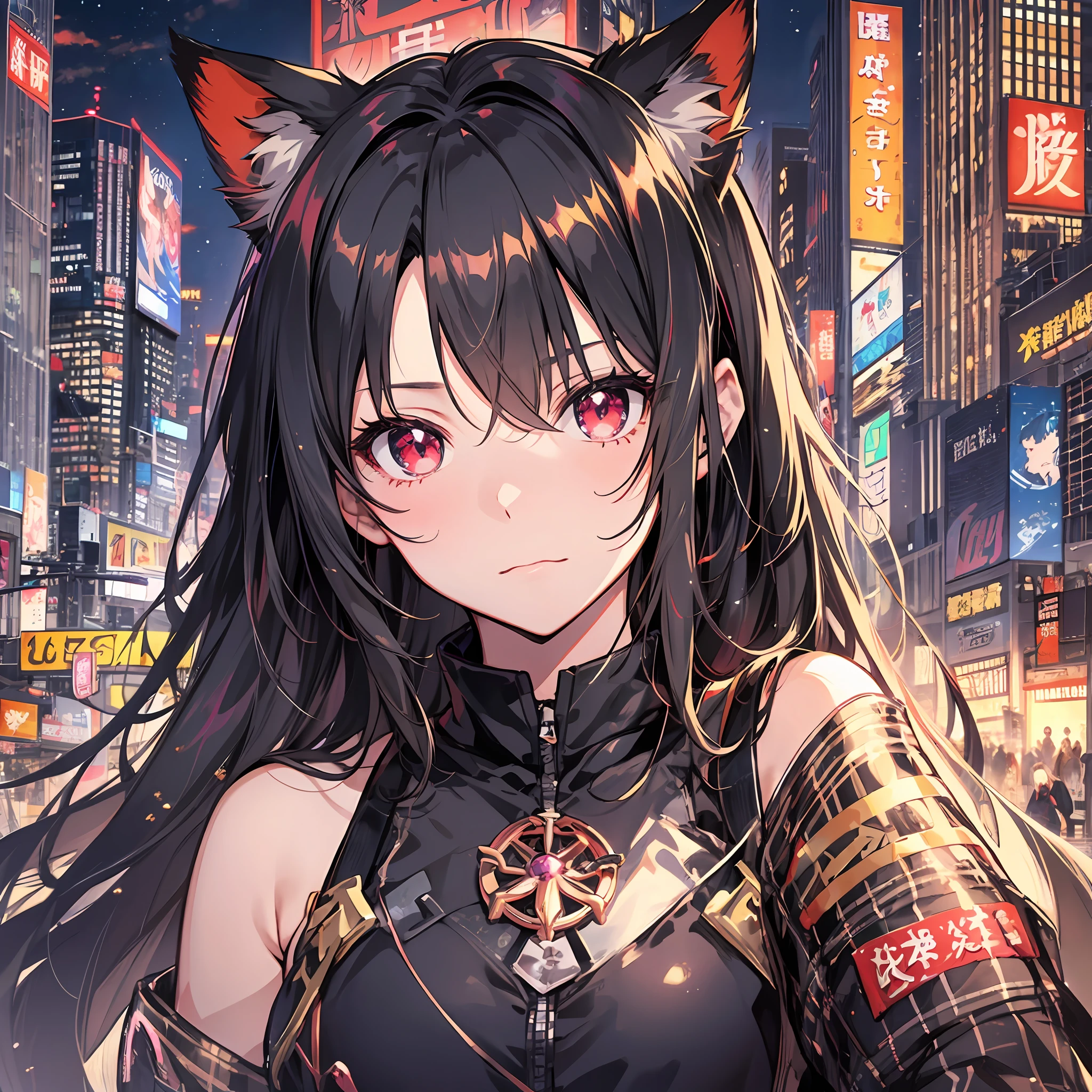 beste-Quality、8K))One woman Anime girl with long black hair and cat ears、tohsaka-rin、anime moe art style、Fate/Anime style like Stay Night、long hair anime girl、extremely cute anime girl face、nightcore、From the front line of girls、Portrait of a cute anime girl、Anime girl with cat ears、High quality anime art style、 beautiful anime woman Night mood Red eyes