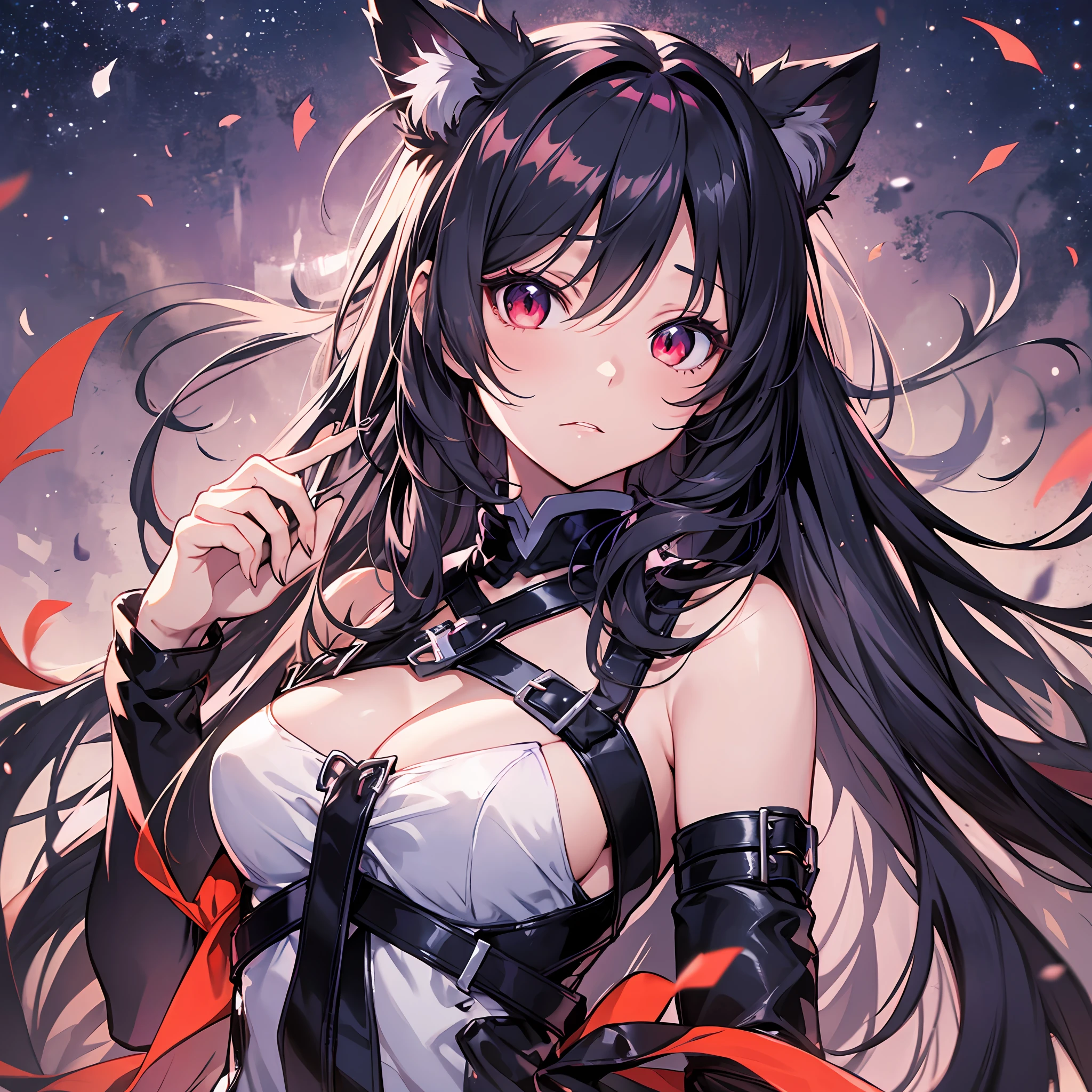 beste-Quality、8K))One woman　Anime girl with long black hair and cat ears、tohsaka-rin、anime moe art style、Fate/Anime style like Stay Night、long hair anime girl、extremely cute anime girl face、nightcore、From the front line of girls、Portrait of a cute anime girl、Anime girl with cat ears、High quality anime art style、 beautiful anime woman　　Night mood　Red eyes