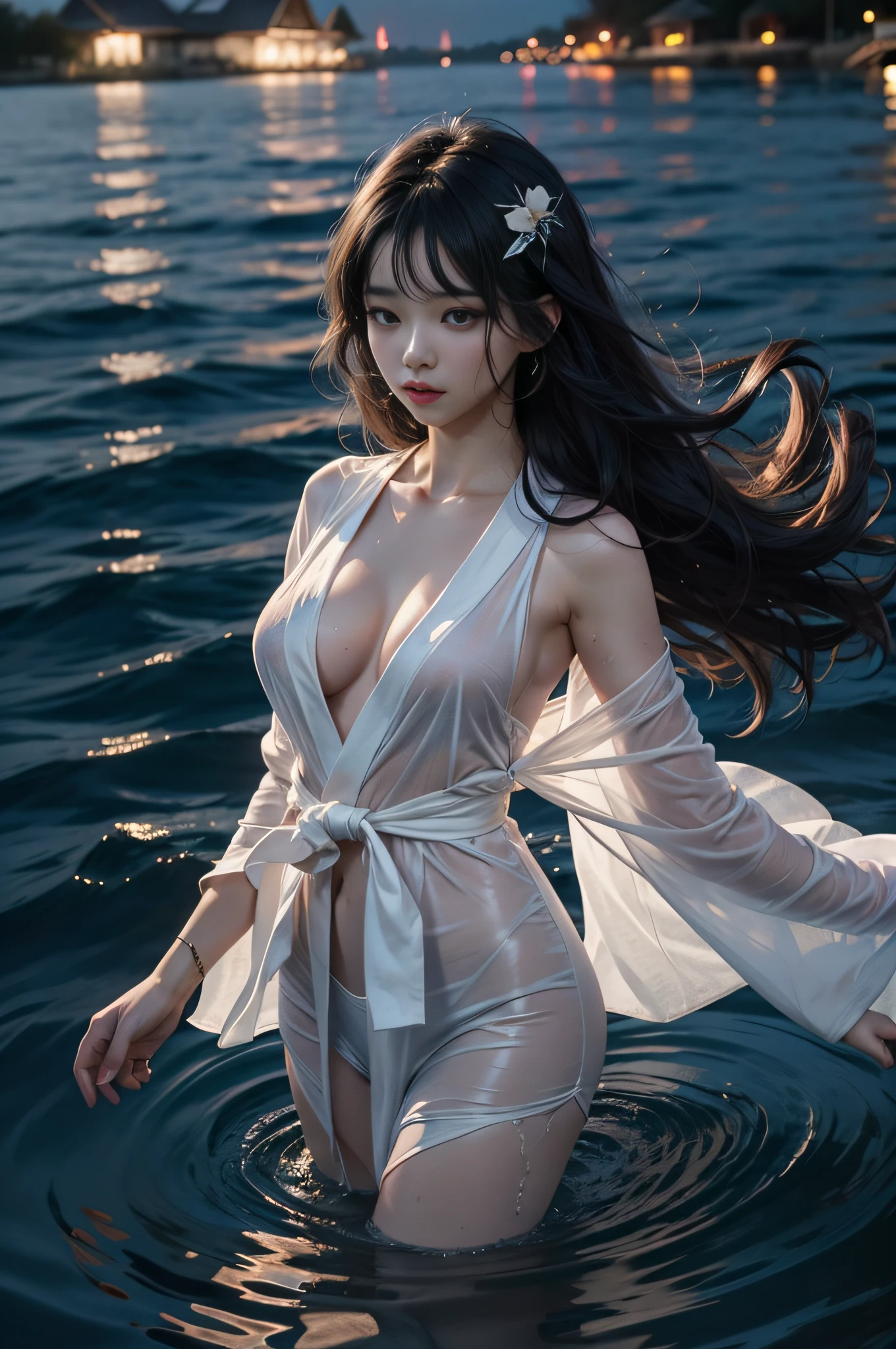 KPOP Idol、Young long black hair beauty、Ghostly pale skin、A white yukata with thin fabric that gets wet and sticks to the skin、Lake at night、A full-length figure staring intently at us、without underwear、HugeBoobs、You can see the tip of the nipple、Floating on the surface of the water with the whole body spread wide