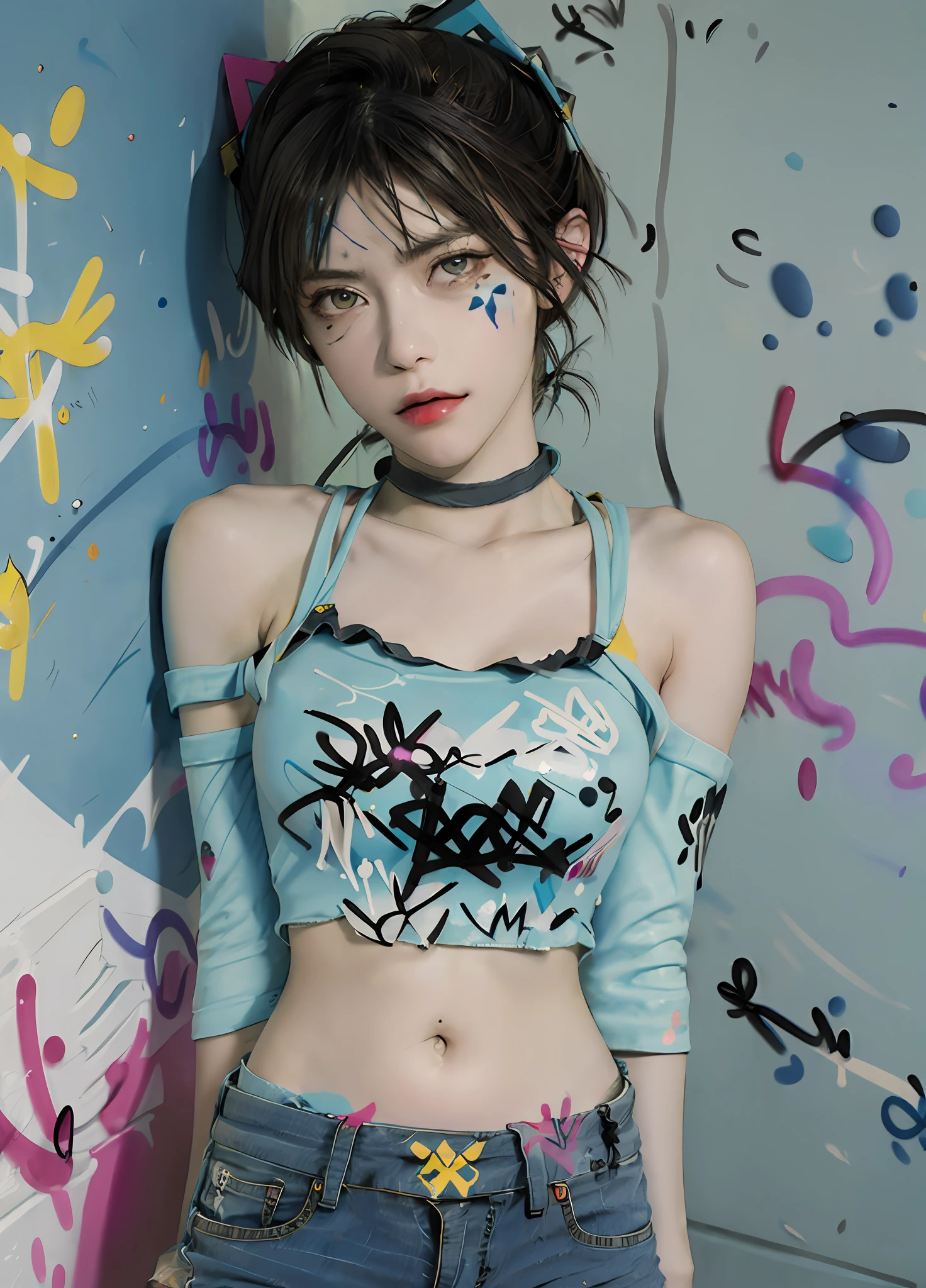 masterpiece, best quality, 1girl, solo, crop top, denim shorts, choker, (graffiti:1.5), paint splatter, arms behind back, against wall, looking at viewer, armband, thigh strap, paint on body, head tilt, bored, multicolored hair, aqua eyes, headset,