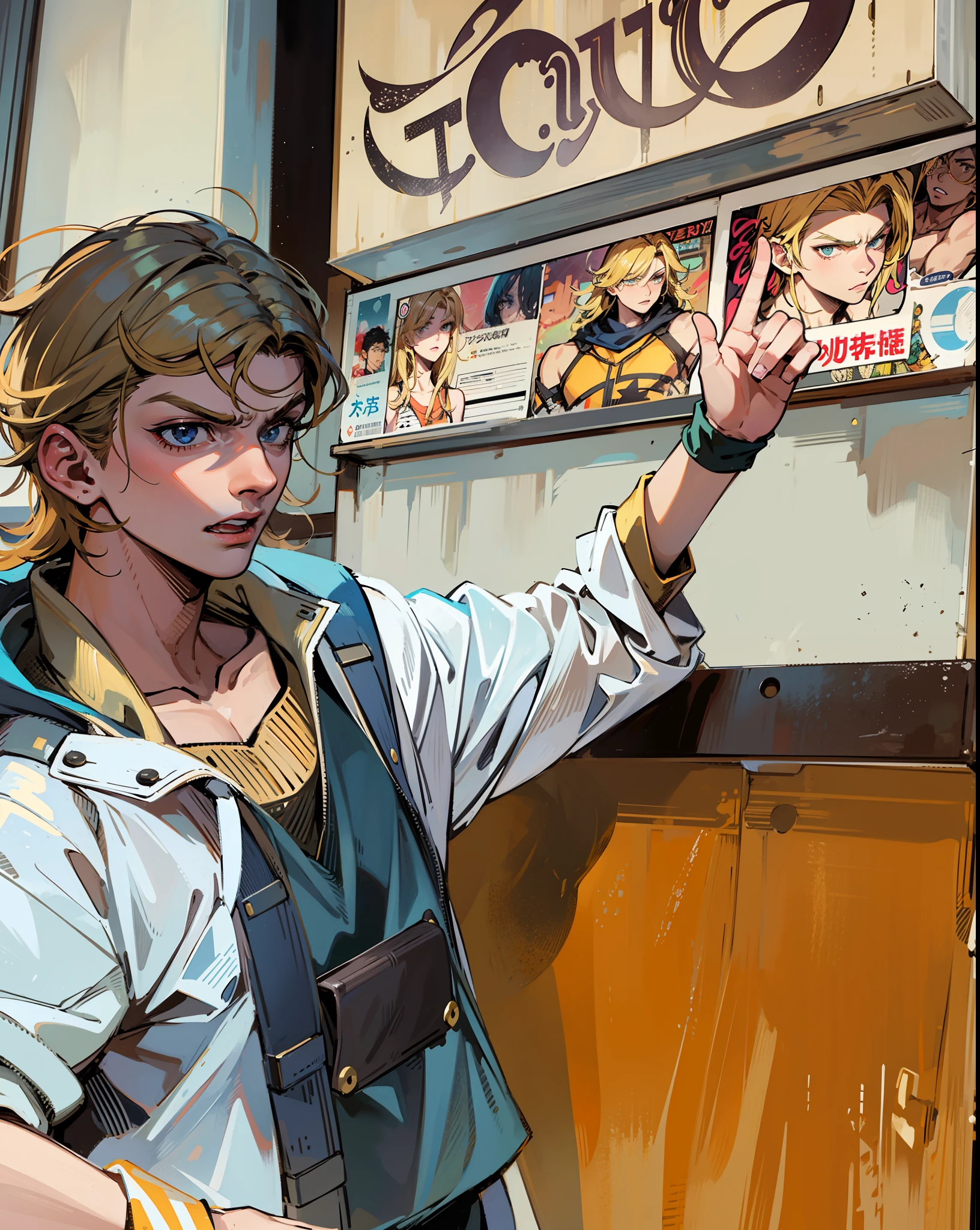 Johnny Joestar, araki hirohiko (styled), Amazing anatomy, A masterpice, beste-Quality, 独奏, 1boy, Johnny Jojo, blonde  hair, official art style, male people, Male Focus, Manga, parka, Upper body body, Angry, jung:0.98,