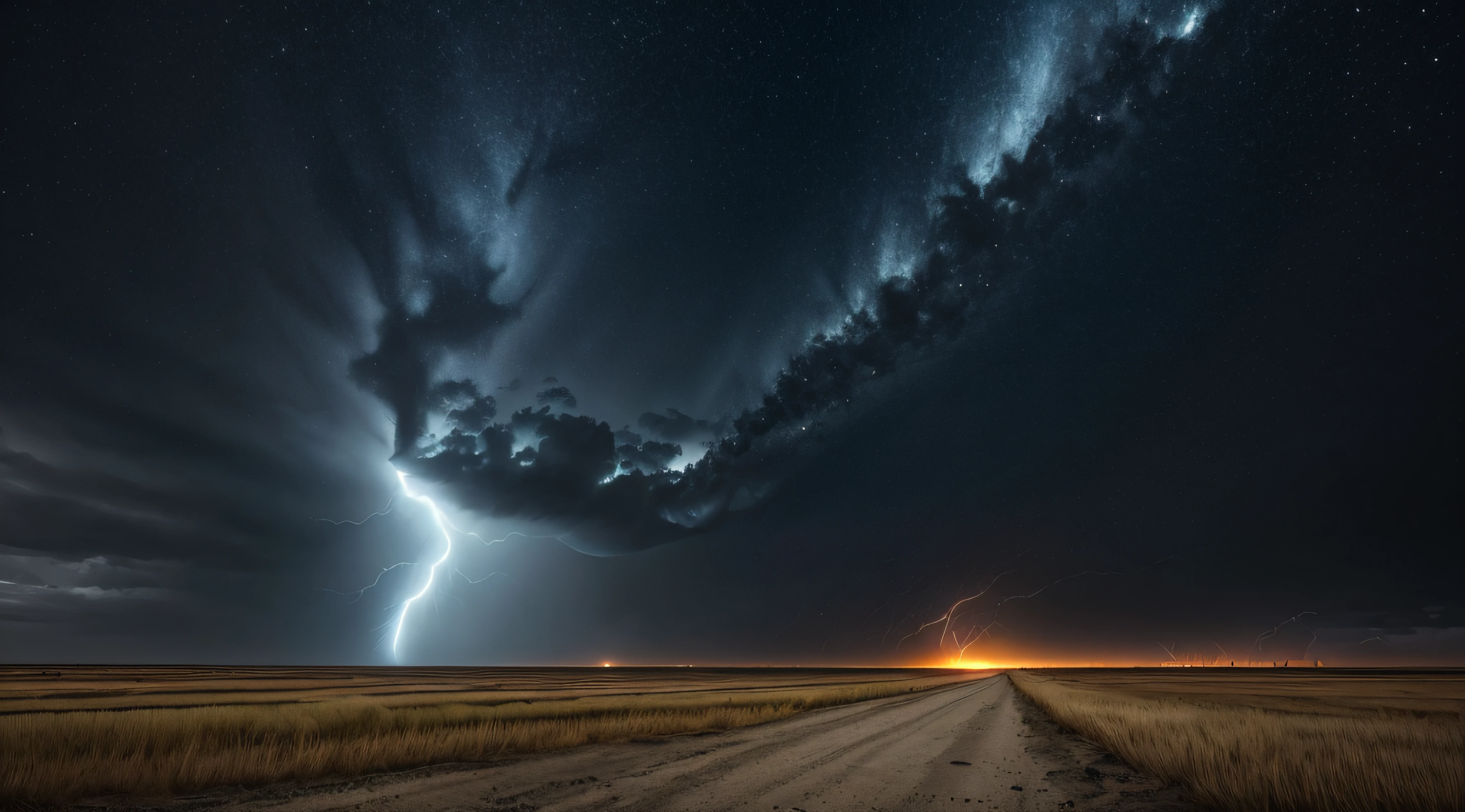 Tornado narrow of wind descending from the sky touching the ground on the left side of the image, destruction on the right side, poder da natureza, Ultra realismo, Realismo impressionante, textures true to reality
