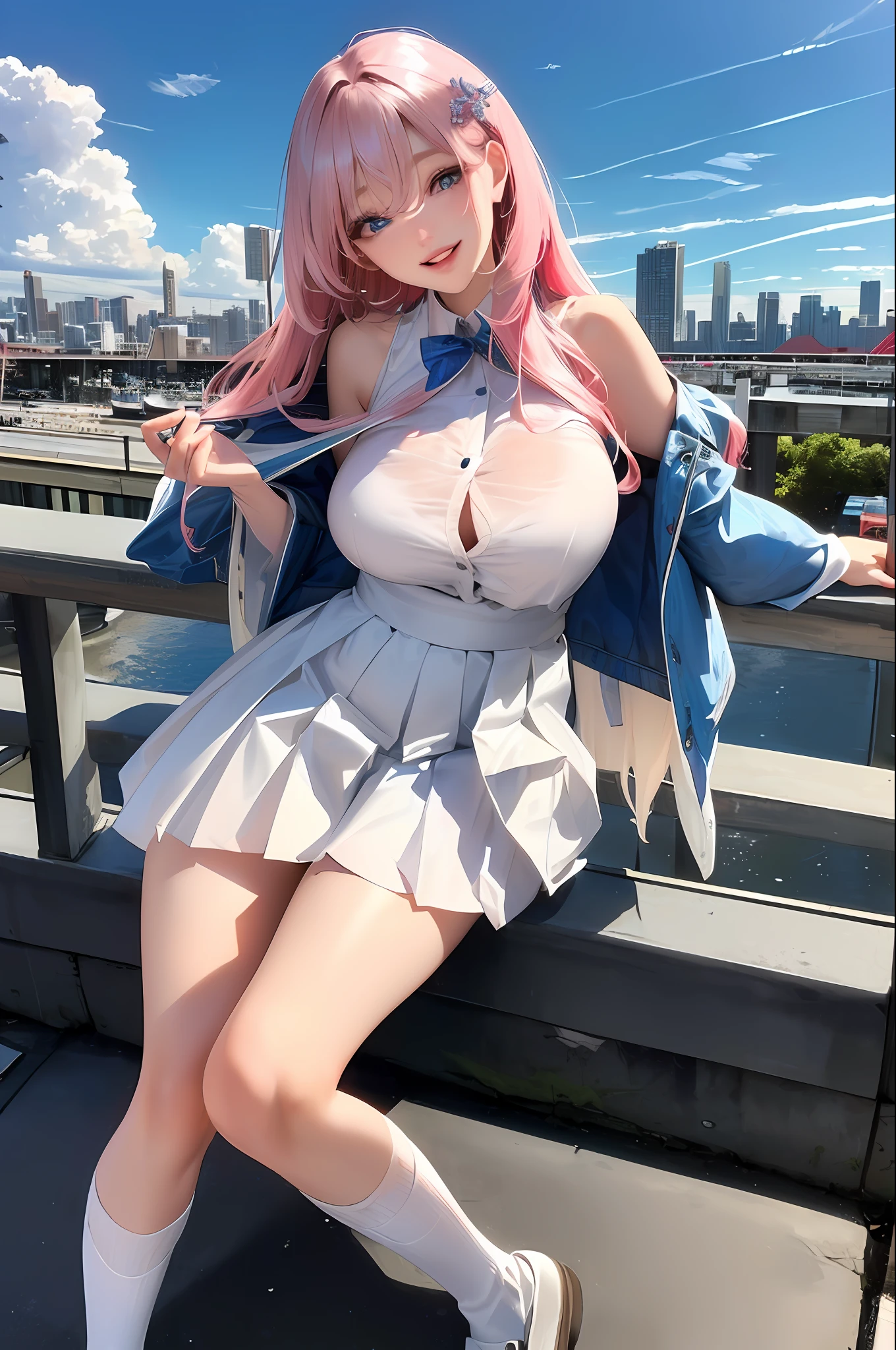 official art, masterpiece, sharp focus, (beautiful gorgeous cute Korean woman:1.3), (beautiful cute korean:1.3), korean beauty, Delicate and beautiful hair and eyes and face, realistic, ultra detailed, beautiful girl, blue sky, glow white particle, (sidelighting:1.2), sun light, white cloud, detailed clouds, slender, Lovely very large breasts and very large hips, smile with teeth, ((smile with eyes, open both eyes)), scenery, long straight hair, sexy facial expression, building, (cityscape:1.7), dynamic hair, long straight hair, detailed platinum pink hair, glow blue eyes, (blue pleated shirts + white skirt), white long socks, pale skin, hair ornament, epic scenery,