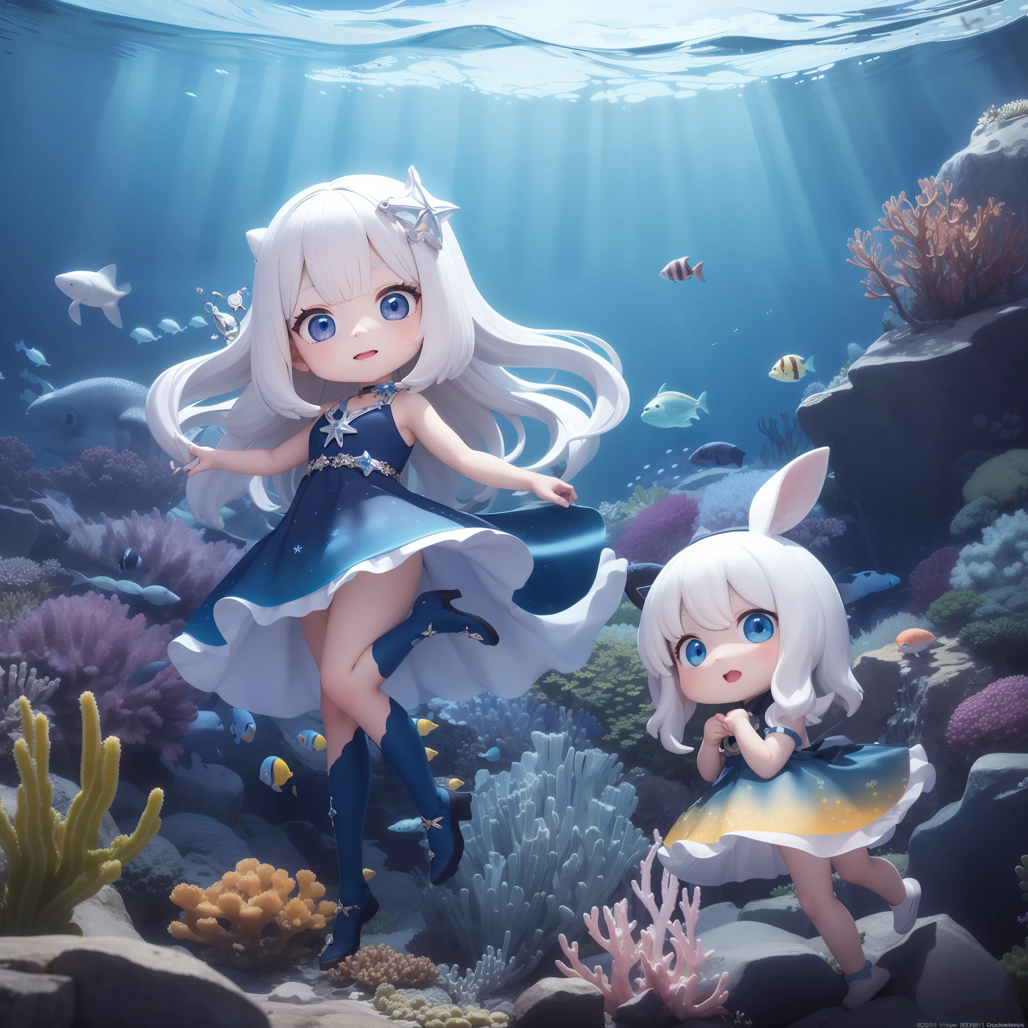 A masterpice、Hi-Def、Front shot、looking at the viewers、
A girl is standing softly on a rock in the deep sea with one leg、 、Colorful、Marine life、Under the sea、Wearing a blue dress with jewel embellishments、Has a glowing ore、Chibichara Anime Characters figurine 3d