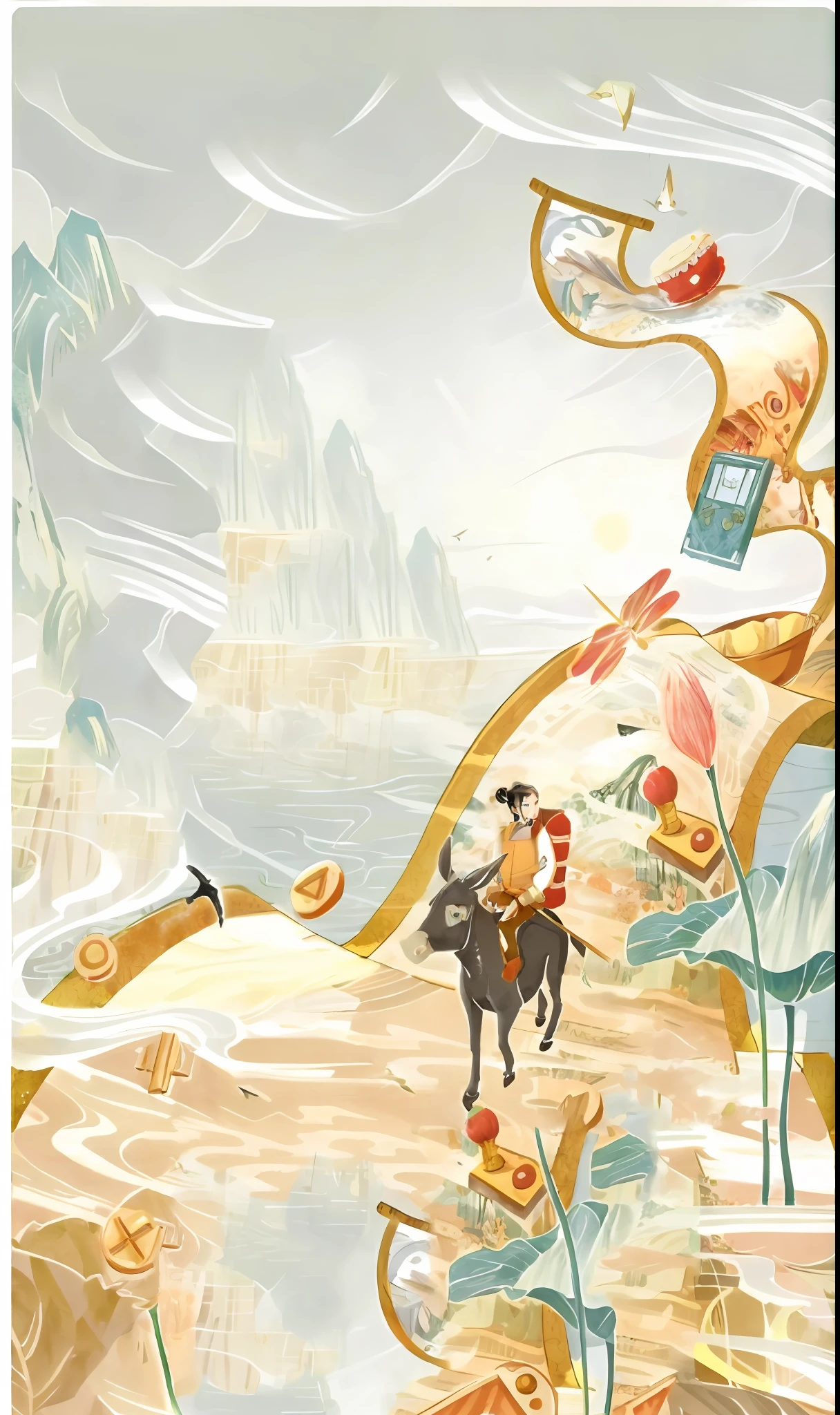 A painting of riding a horse on a scroll, A beautiful artwork illustration, illustration!, an illustration of inspired by Victo Ngai, portfolio illustration, illustration”, full page illustration, detailed book illustration, Poster illustration, Jean-Sebastian Roosbach, victo ngai style, victo ngai fine texture, inspired by Yun-Fei Ji, author:Cheng Jiasui
