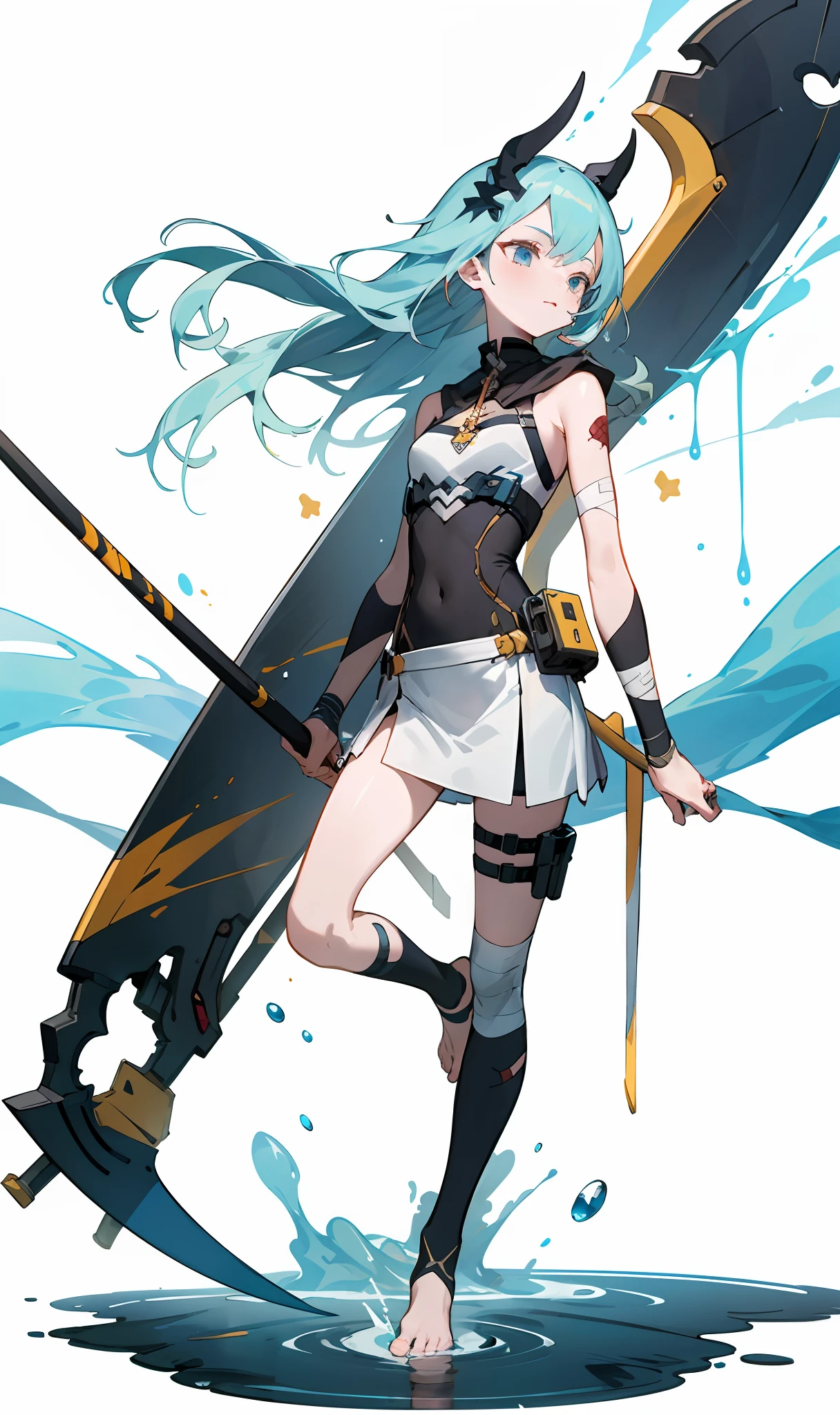 ((masterpaintings:1.4,optimal quality))+,(superdetailed)+,optimal quality,(flatchest),Whole human body,Standing painting,to stand,white backdrop,afloat,Pale skin,Barefoot hangs down,Generous clothes,longskirt,leg holster,Bottle,bandagens,Adhesive bandage,wounds,lovly,Teen girls,grievance,Character subjects,style of anime,Character design,Scythe of Death,Wraith,Black bubbling water