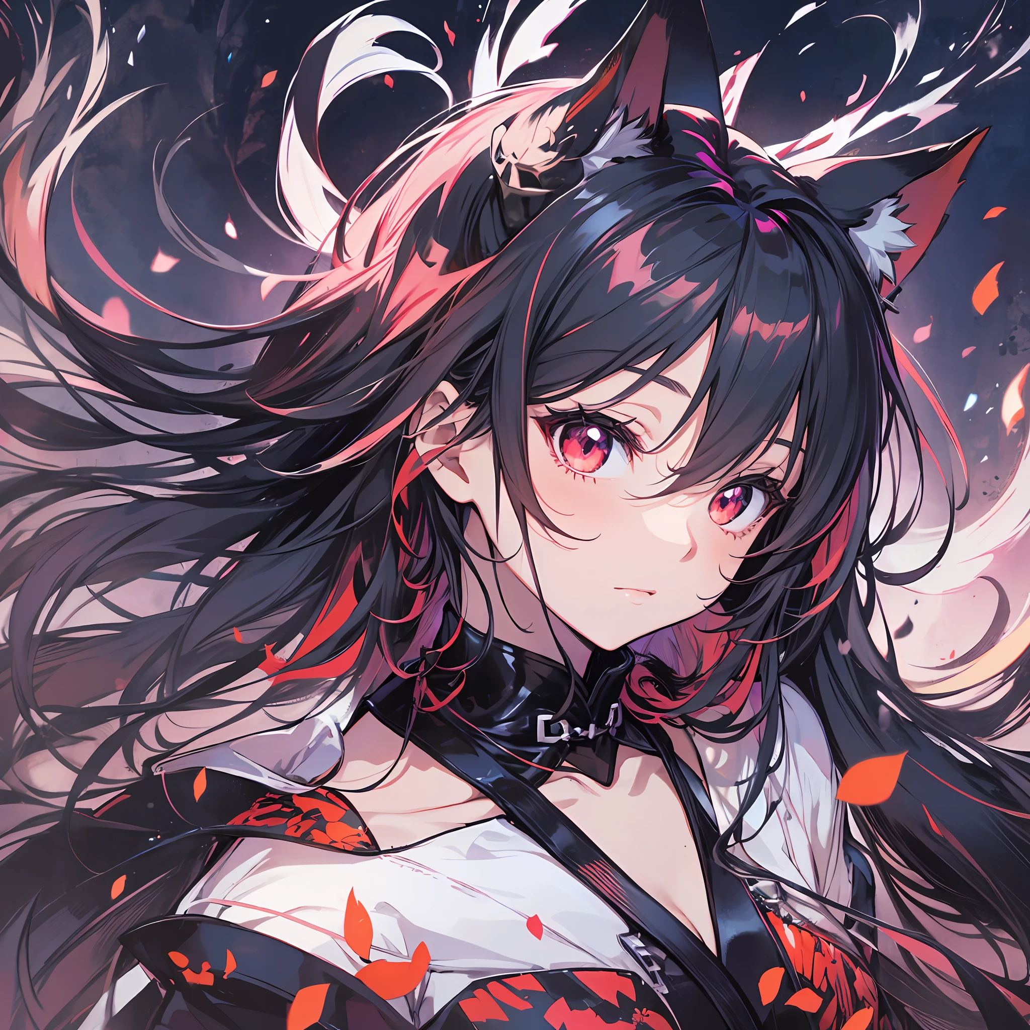 beste-Quality、8K))One woman Anime girl with long black hair and cat ears、tohsaka-rin、anime moe art style、Fate/Anime style like Stay Night、long hair anime girl、extremely cute anime girl face、nightcore、From the front line of girls、Portrait of a cute anime girl、Anime girl with cat ears、High quality anime art style、 beautiful anime woman Night mood Red eyes