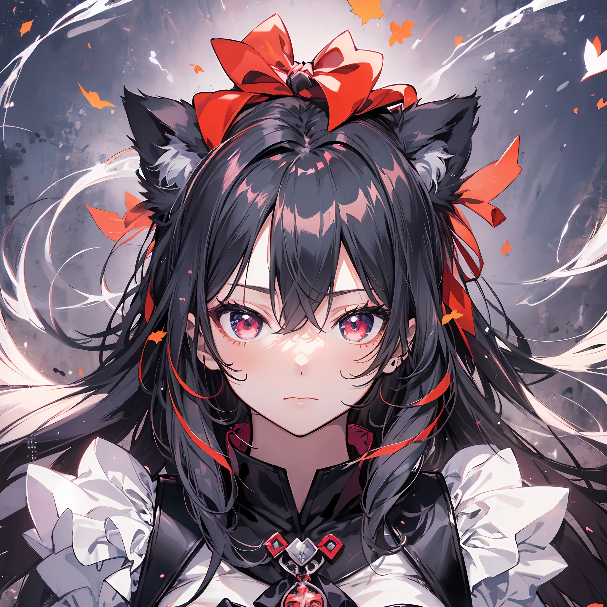 beste-Quality、8K))One woman　Anime girl with long black hair and cat ears、tohsaka-rin、anime moe art style、Fate/Anime style like Stay Night、long hair anime girl、extremely cute anime girl face、nightcore、From the front line of girls、Portrait of a cute anime girl、Anime girl with cat ears、High quality anime art style、 beautiful anime woman　　Night mood　Red eyes