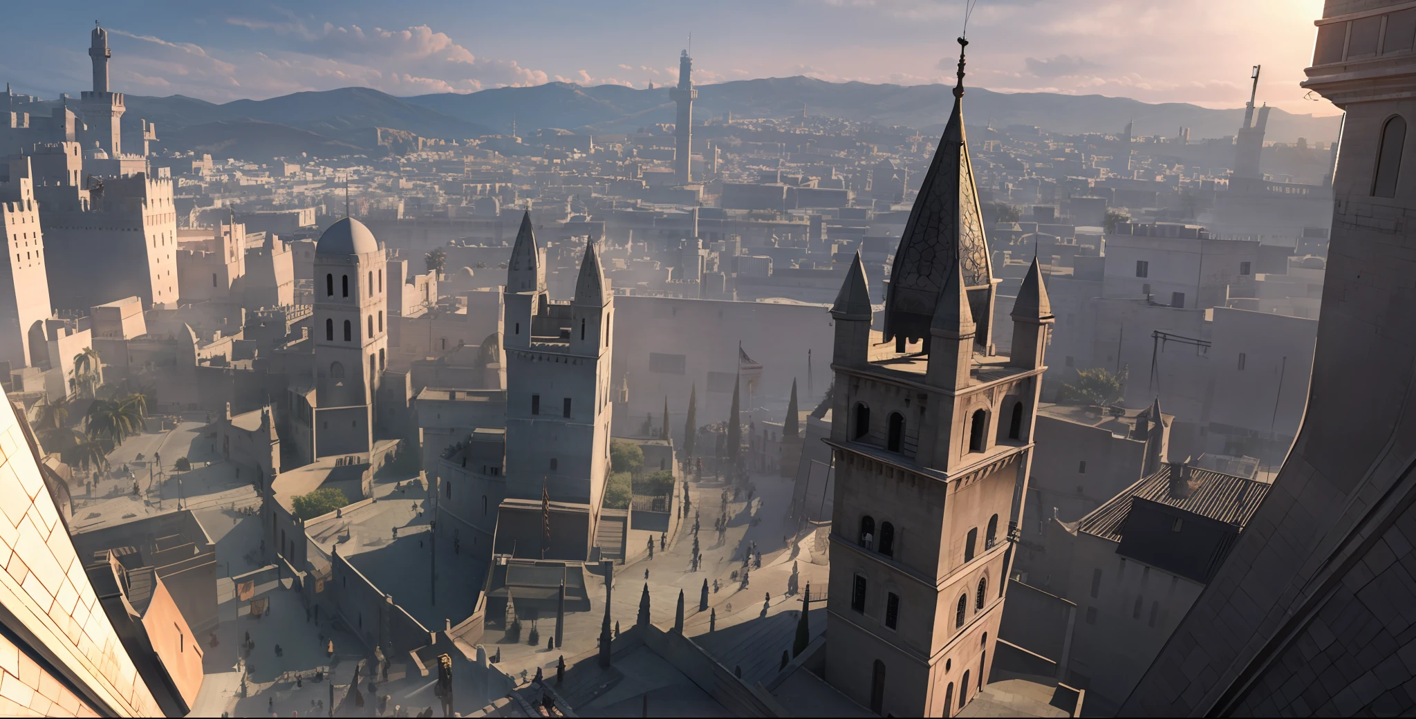 Jerusalem，Panorama of the city，extreme wide angle，architectural details，Standing on a tower nearby stood an Arab Assassin